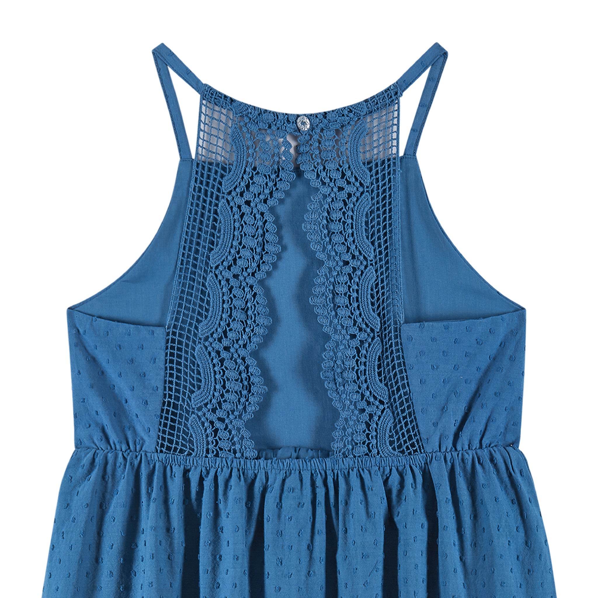 Kids (7-14) Blue Swiss Dot Dress W/ Lace Back Detail | Blue
