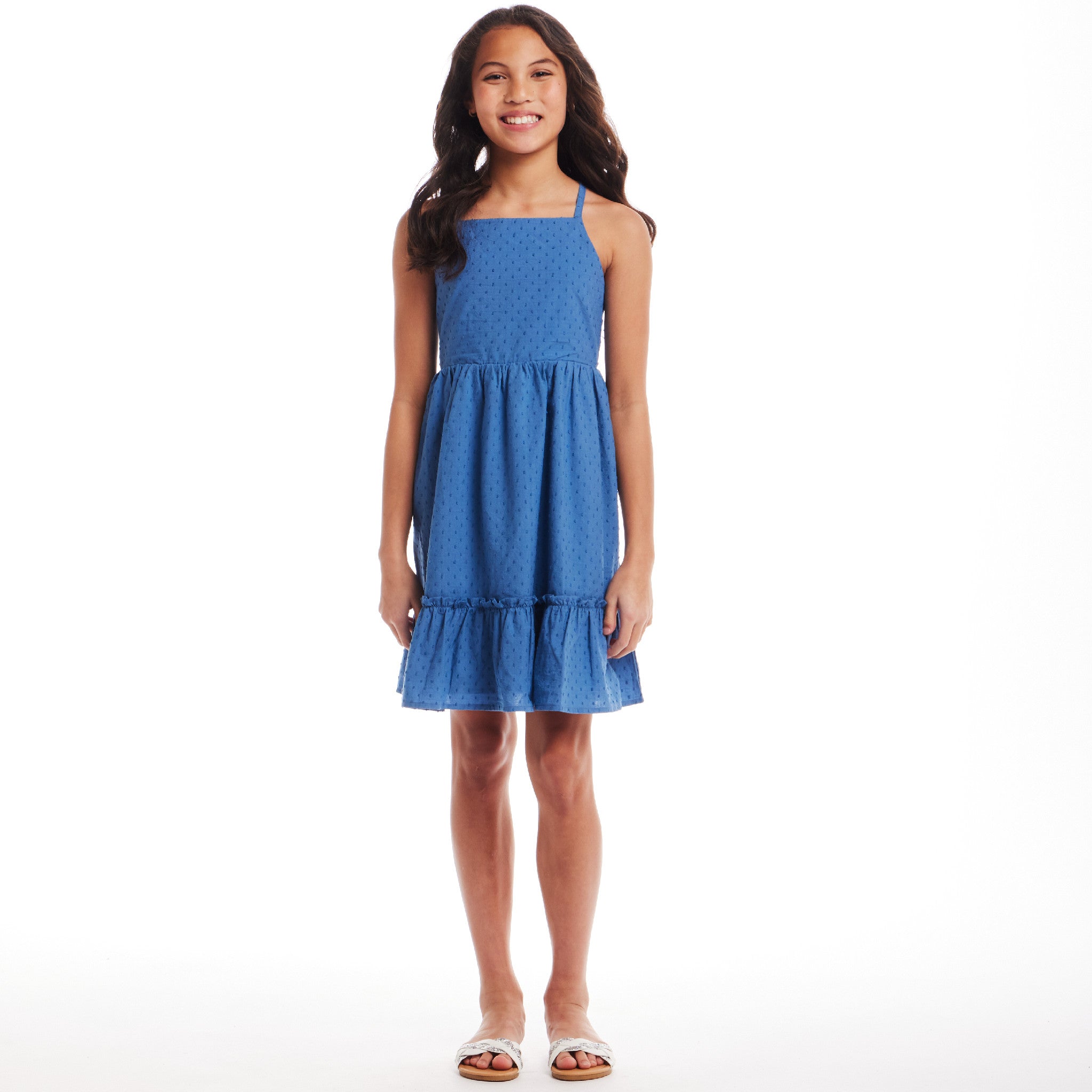 Kids (7-14) Blue Swiss Dot Dress W/ Lace Back Detail | Blue