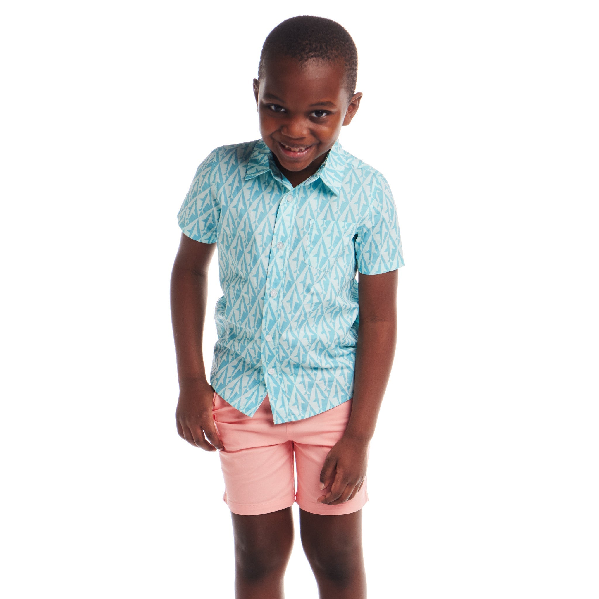 Kids (2-8) Geo Shark Short Sleeve Buttondown | Aqua
