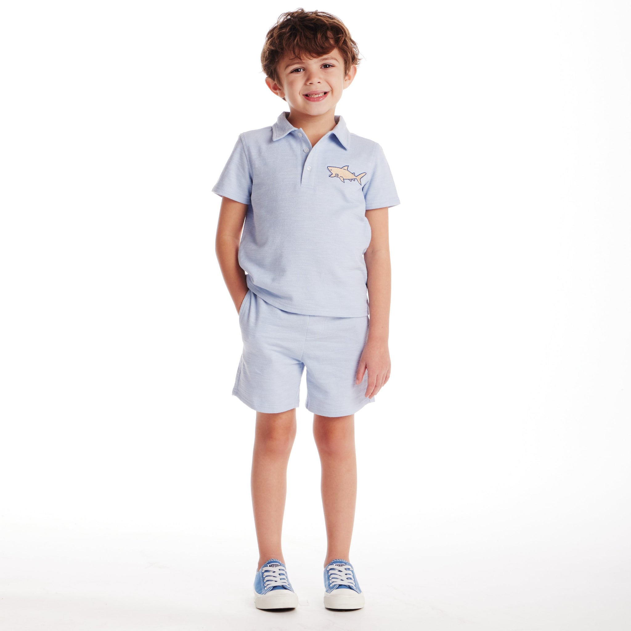 Kids (2-7) Textured Polo And Shorts Set | Light Blue Shark