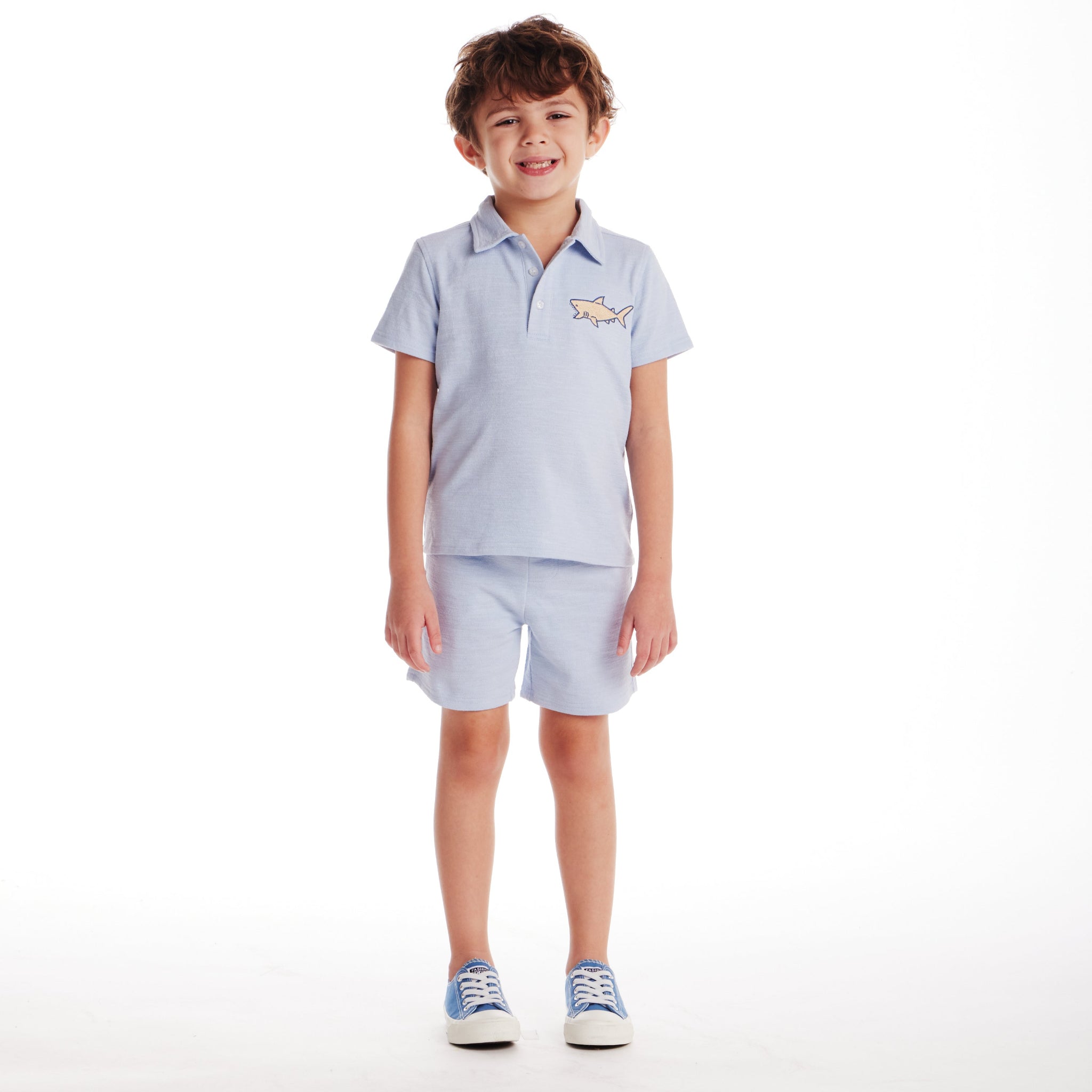 Kids (2-7) Textured Polo And Shorts Set | Light Blue Shark