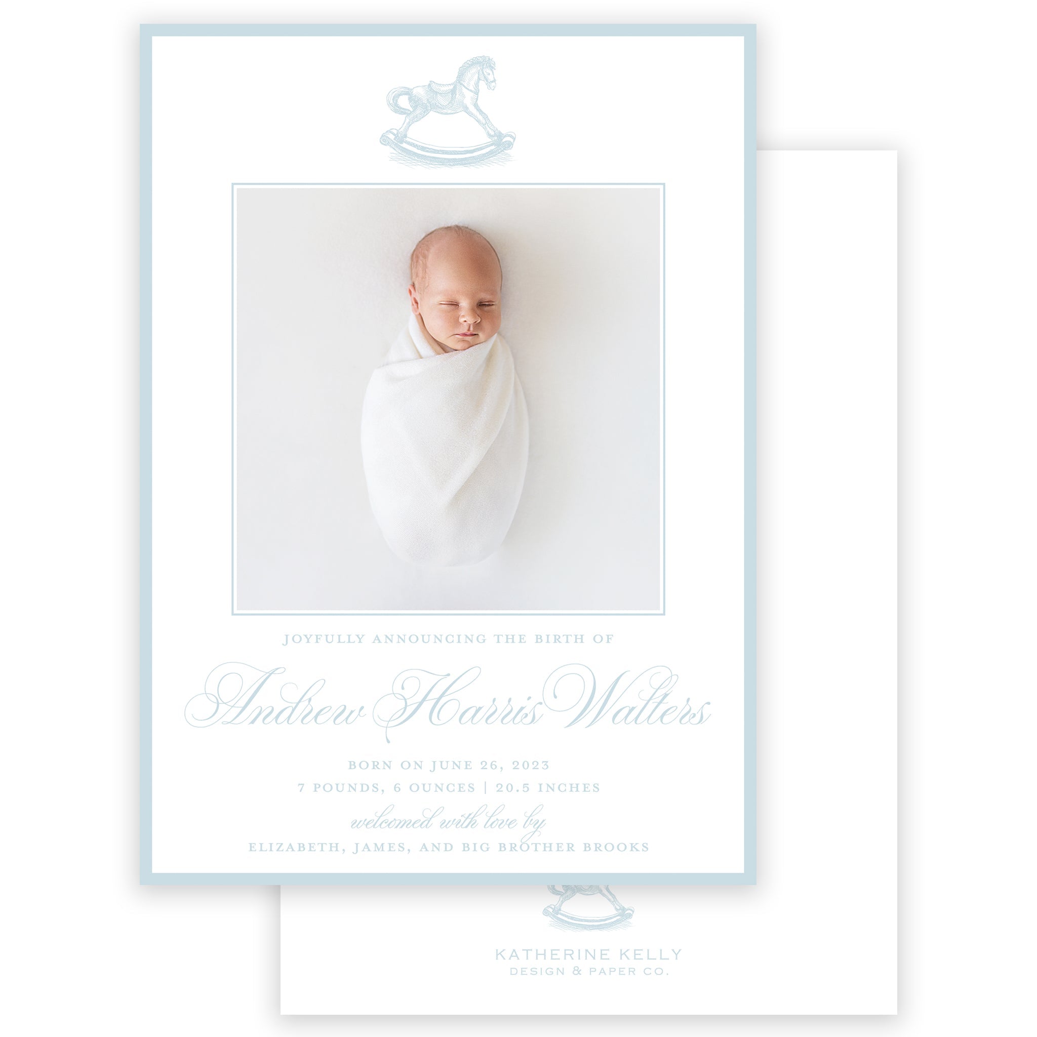 Blue Rocking Horse Birth Announcement