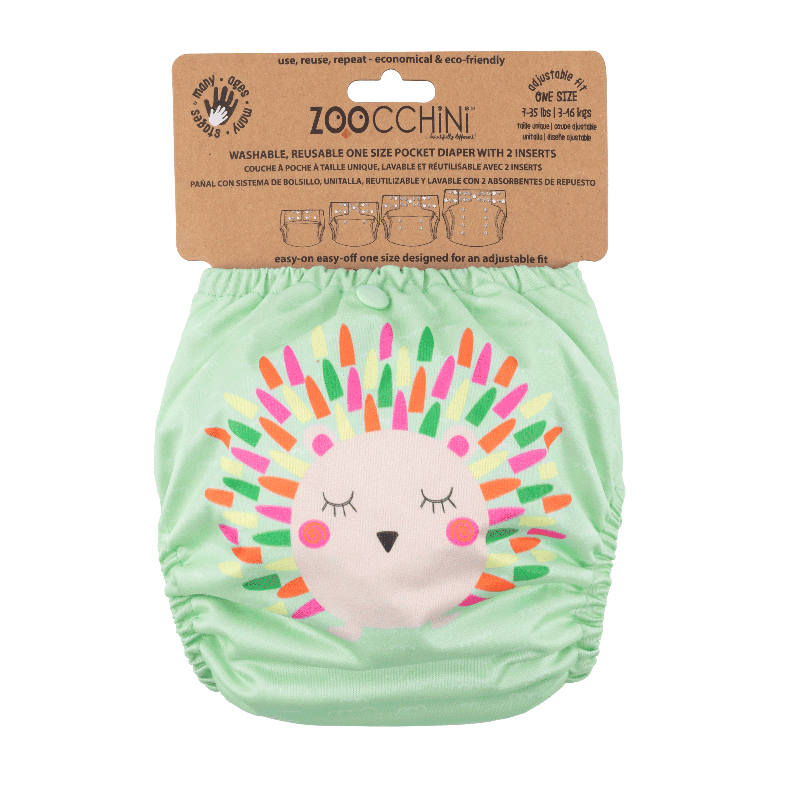 Baby/toddler Reusable Cloth Pocket Diaper (+2 Inserts) - Harriet The Hedgehog
