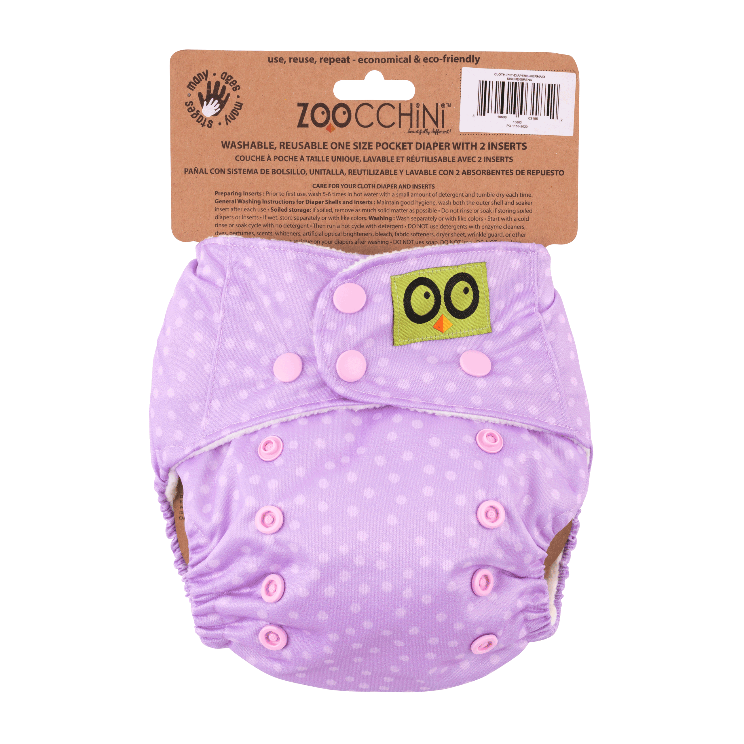 Baby/toddler Reusable Cloth Pocket Diaper (+2 Inserts) - Marietta The Mermaid