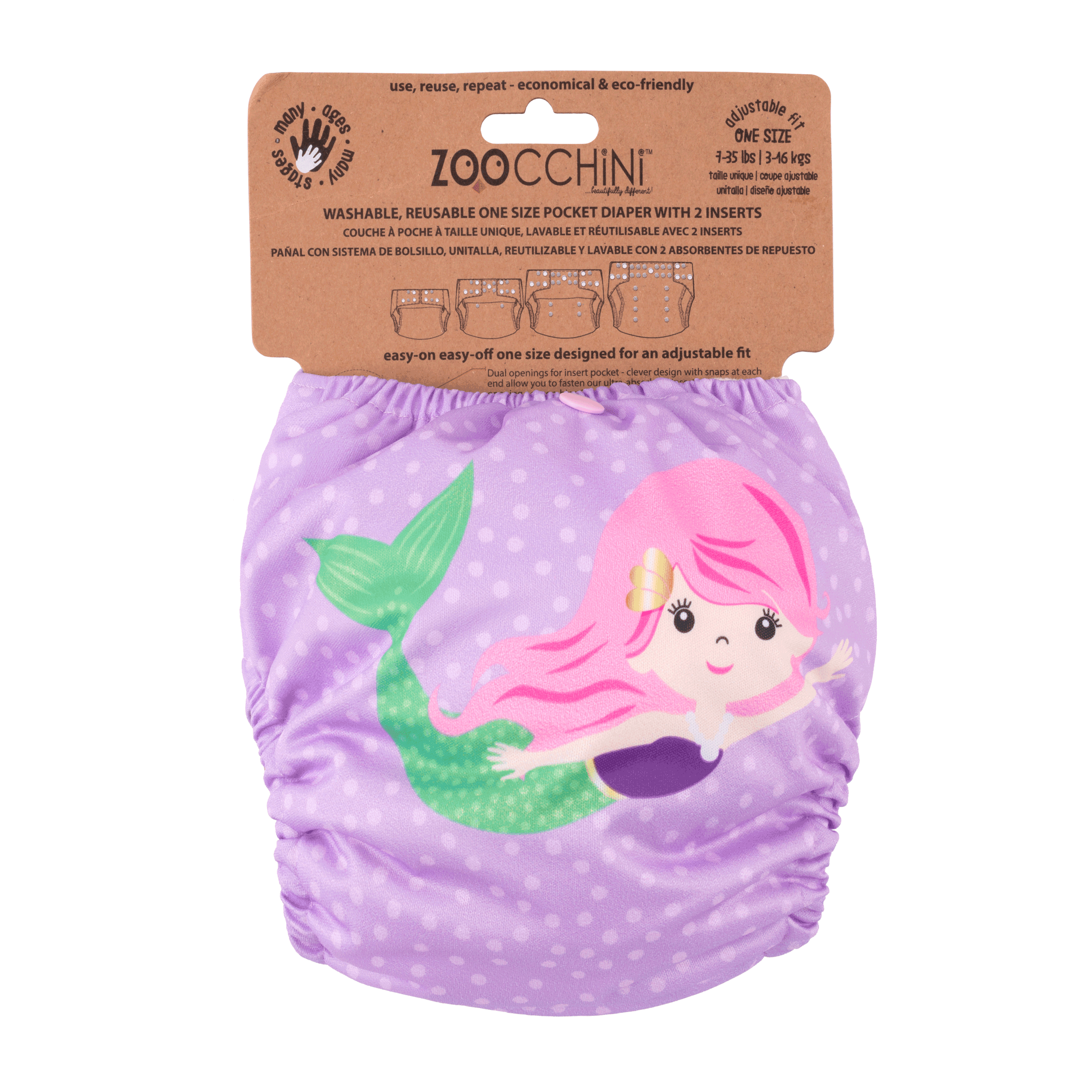 Baby/toddler Reusable Cloth Pocket Diaper (+2 Inserts) - Marietta The Mermaid