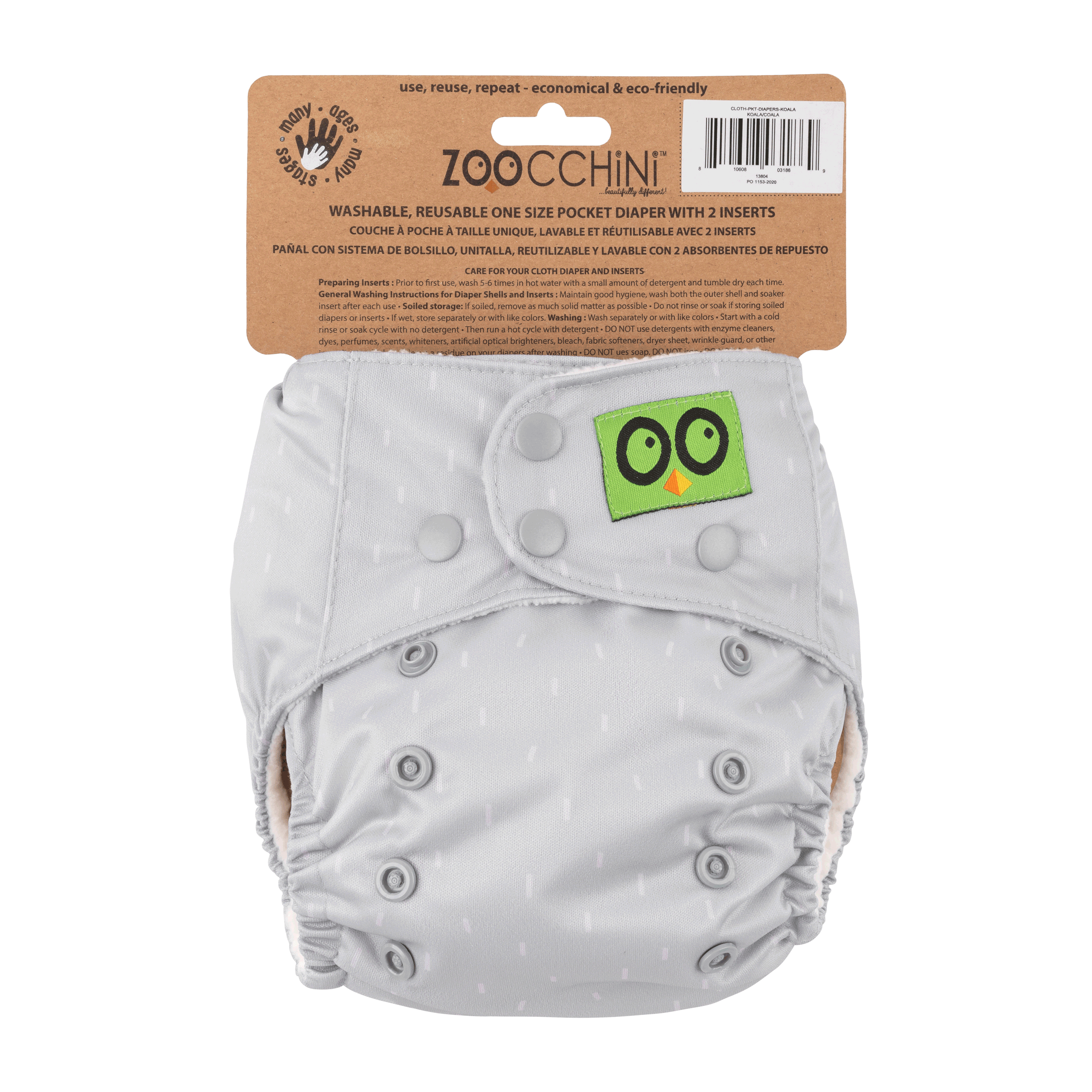 Baby/toddler Reusable Cloth Pocket Diaper (+2 Inserts) - Kai The Koala