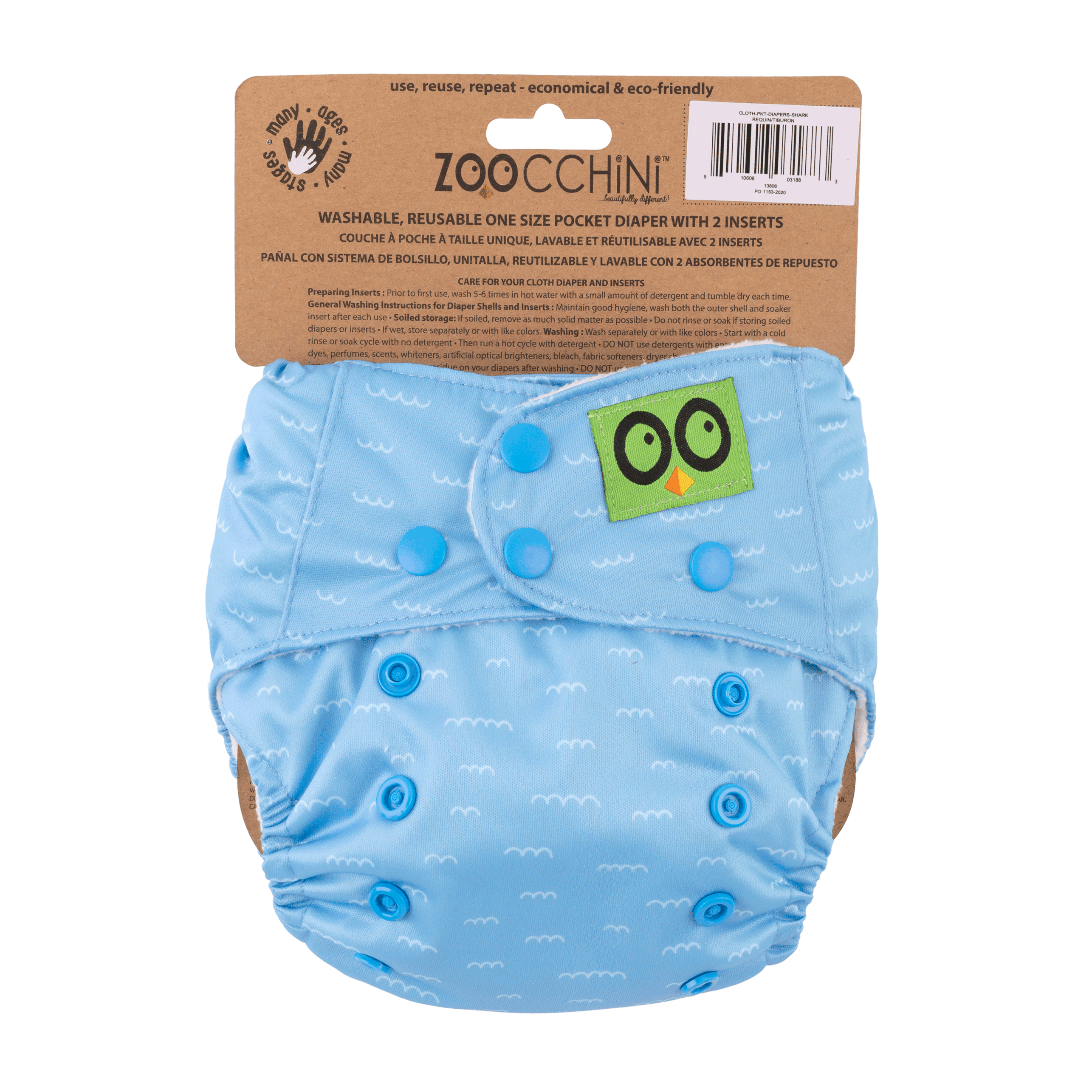 Baby/toddler Reusable Cloth Pocket Diaper (+2 Inserts) - Sherman The Shark