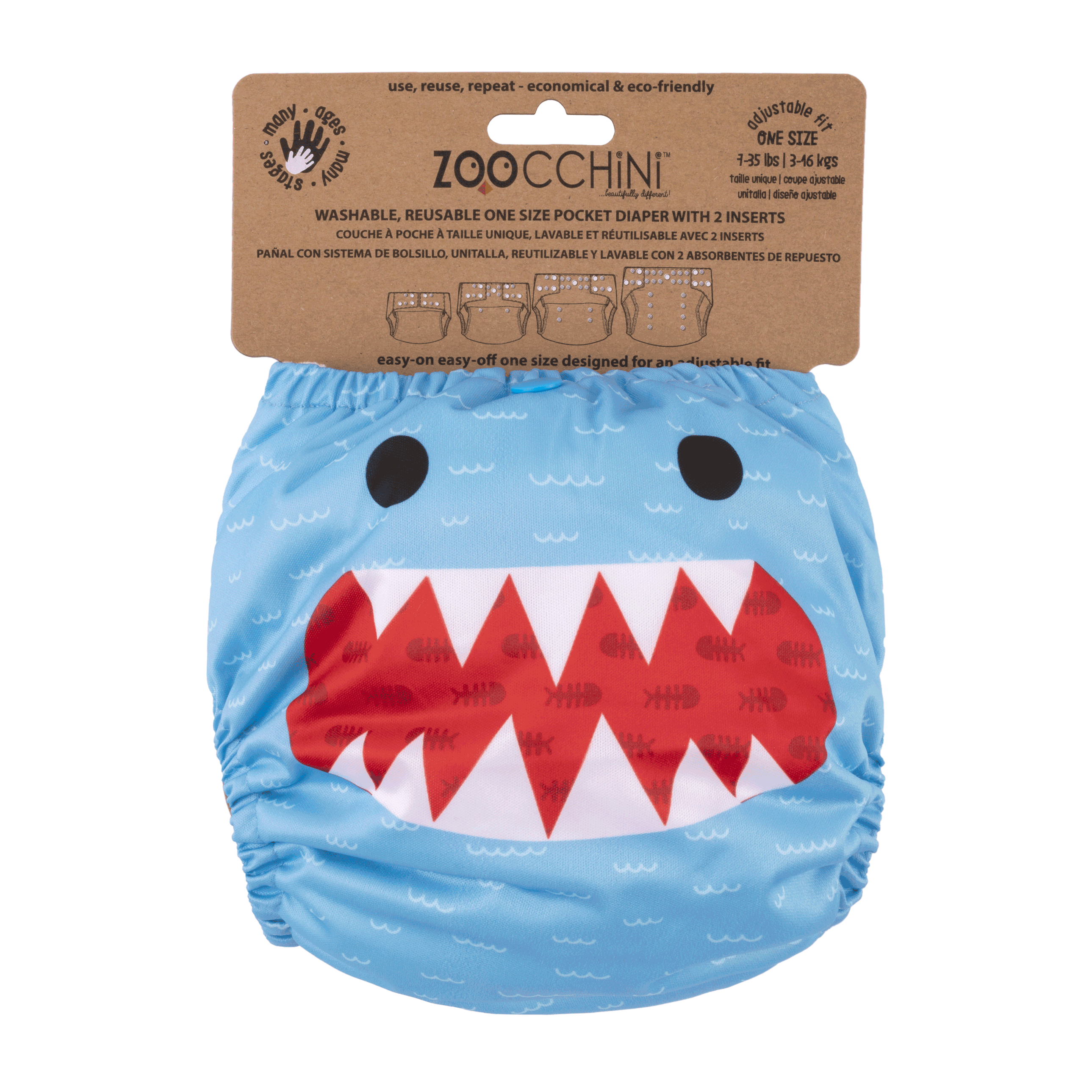Baby/toddler Reusable Cloth Pocket Diaper (+2 Inserts) - Sherman The Shark