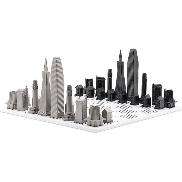 Skyline Chess Chess Set Stainless Steel San Francisco Edition With Marble Hatch Board