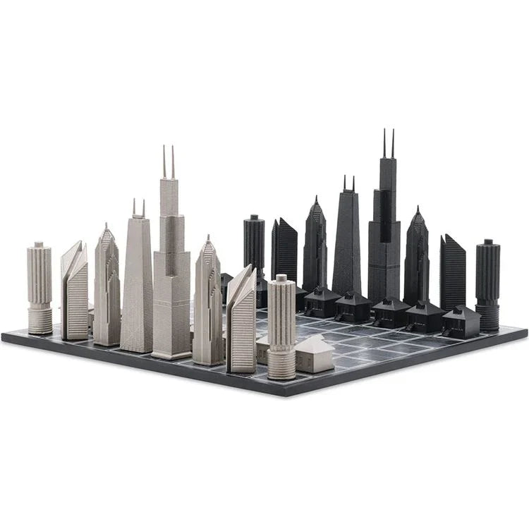 Skyline Chess Chess Set Stainless Steel Chicago Edition With Chicago Wood Map Board