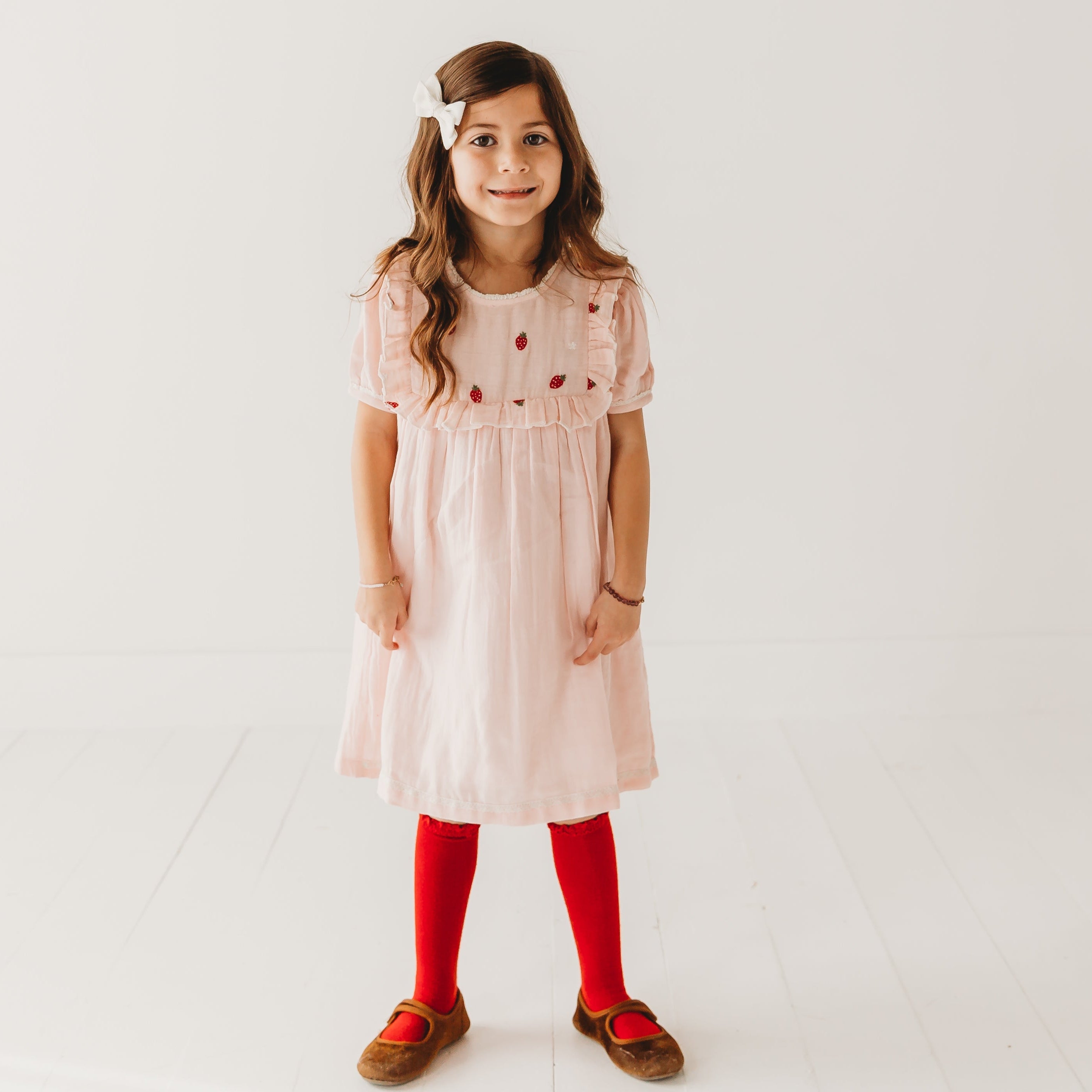 Strawberry Embroidered Dress In Pale Pink
