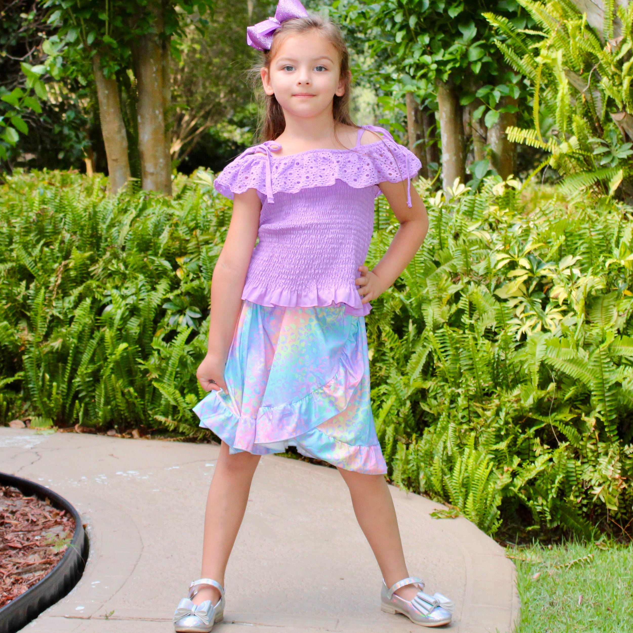 Al Limited Little & Big Girls Purple Eyelet Smocked Top And Tie Dye Skirt