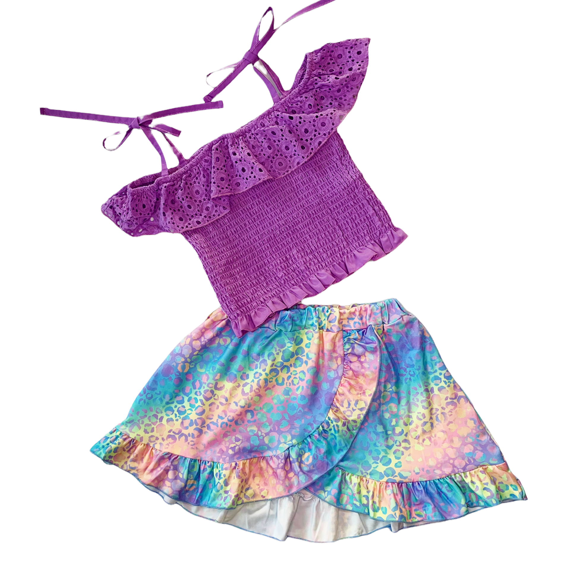 Al Limited Little & Big Girls Purple Eyelet Smocked Top And Tie Dye Skirt
