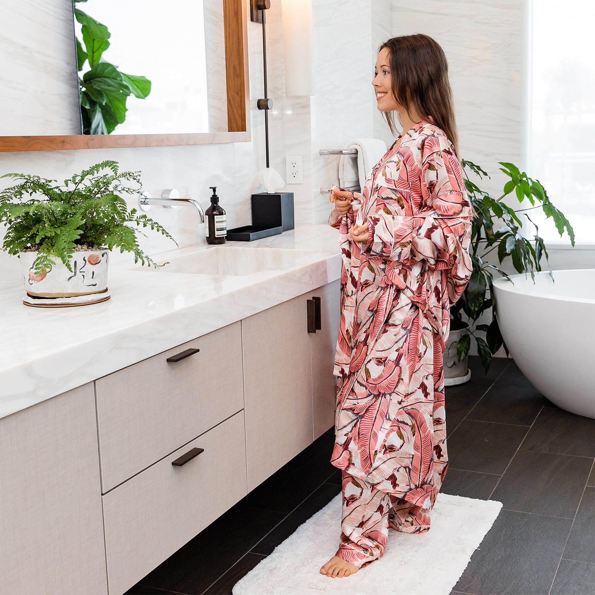 Women's Banana Leaf Pink Robe - Silk