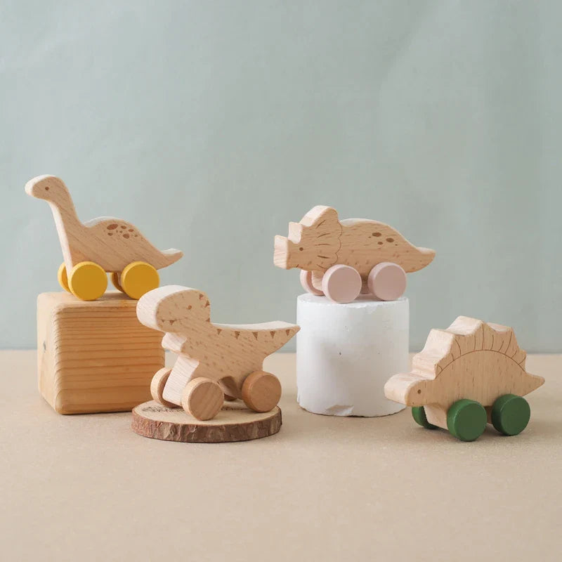 1 Pc Beech Wood Montessori Toy Dinosaur With Wheels Multivariant