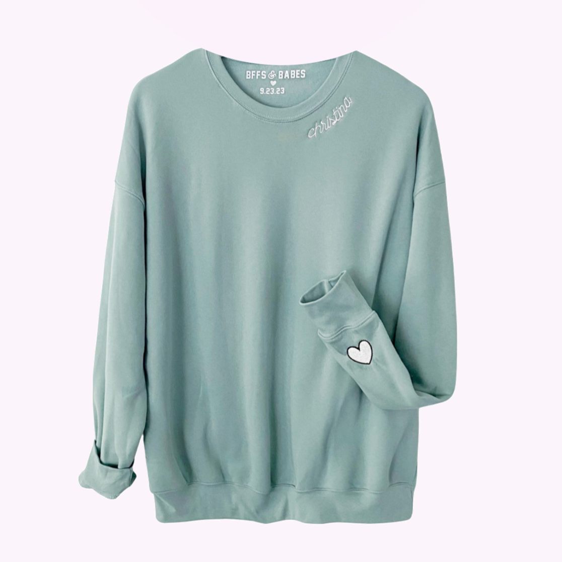Bffs & Babes X You ♡ Personalized Label + Stitch Collar Seafoam Sweatshirt