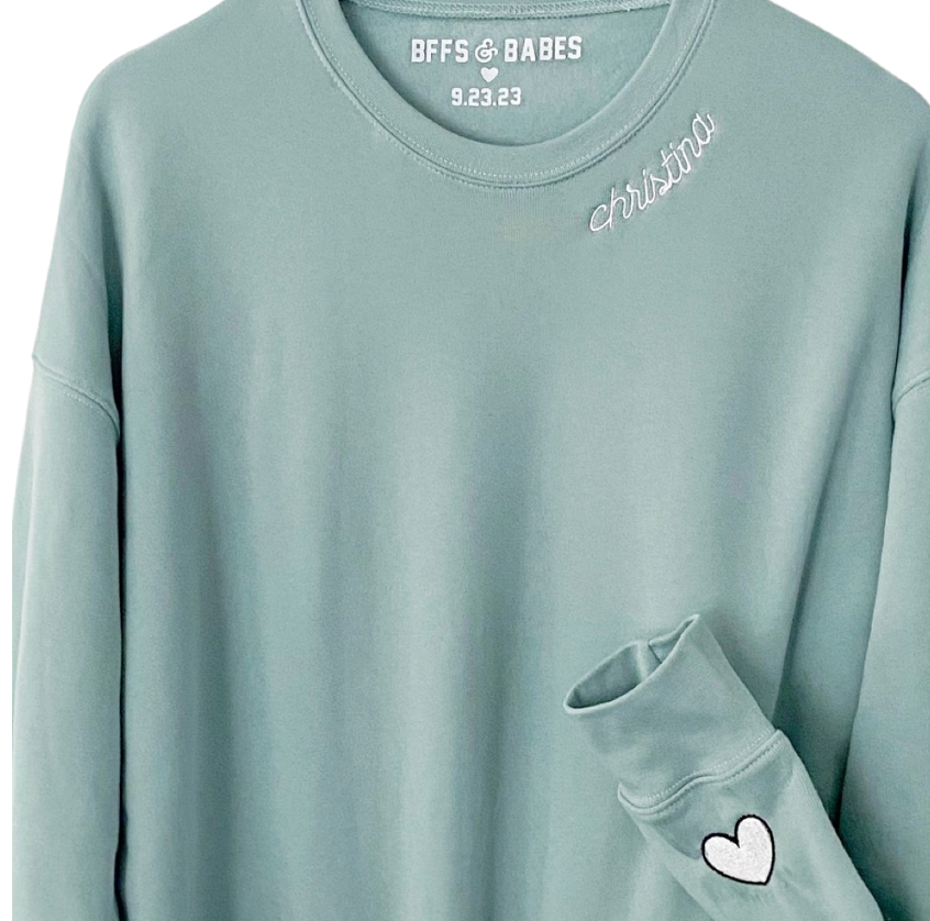 Bffs & Babes X You ♡ Personalized Label + Stitch Collar Seafoam Sweatshirt