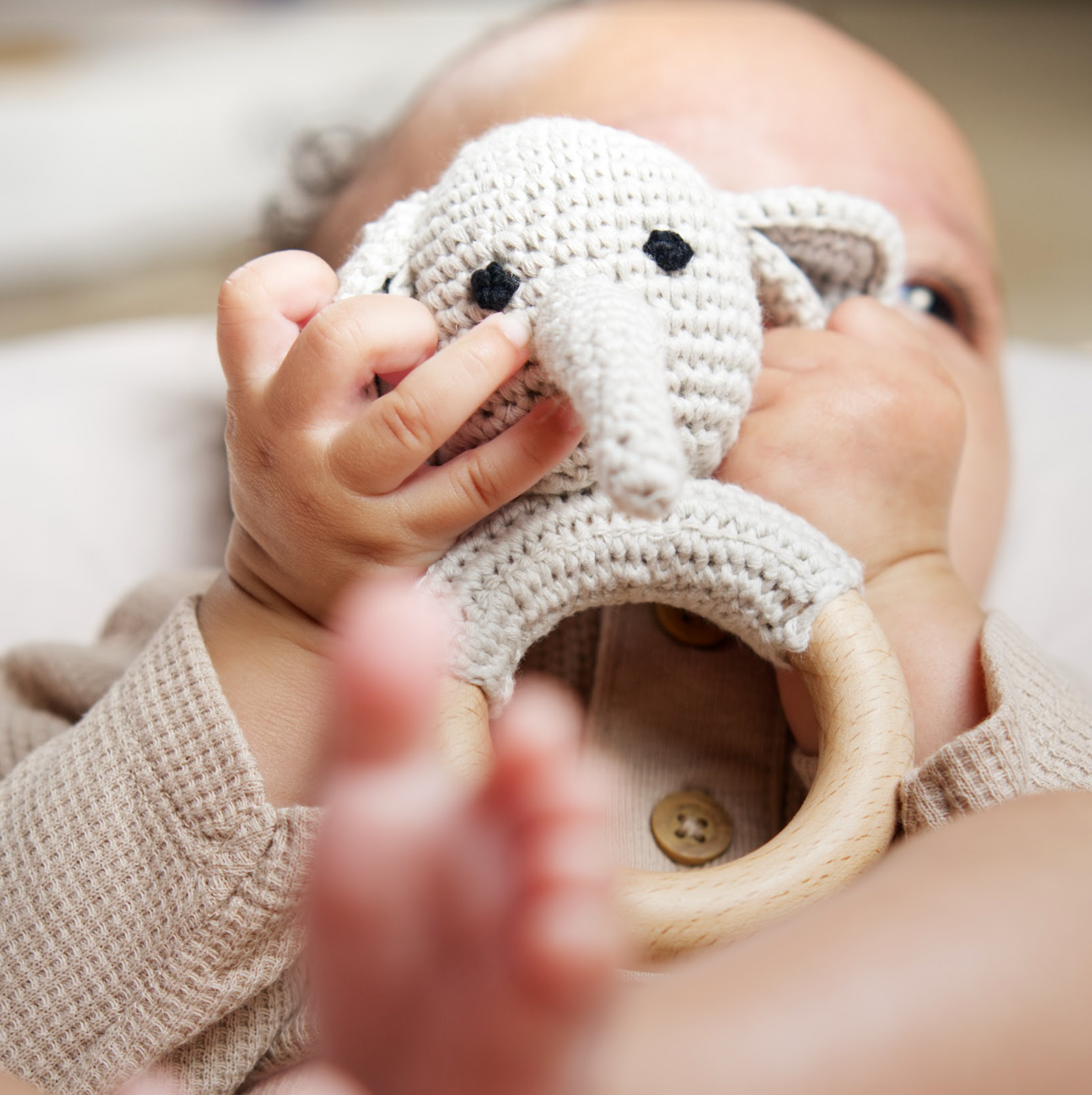 Handmade Organic Cotton Rattle Ring Teether · Elephant Design · Grey Body With Black Features