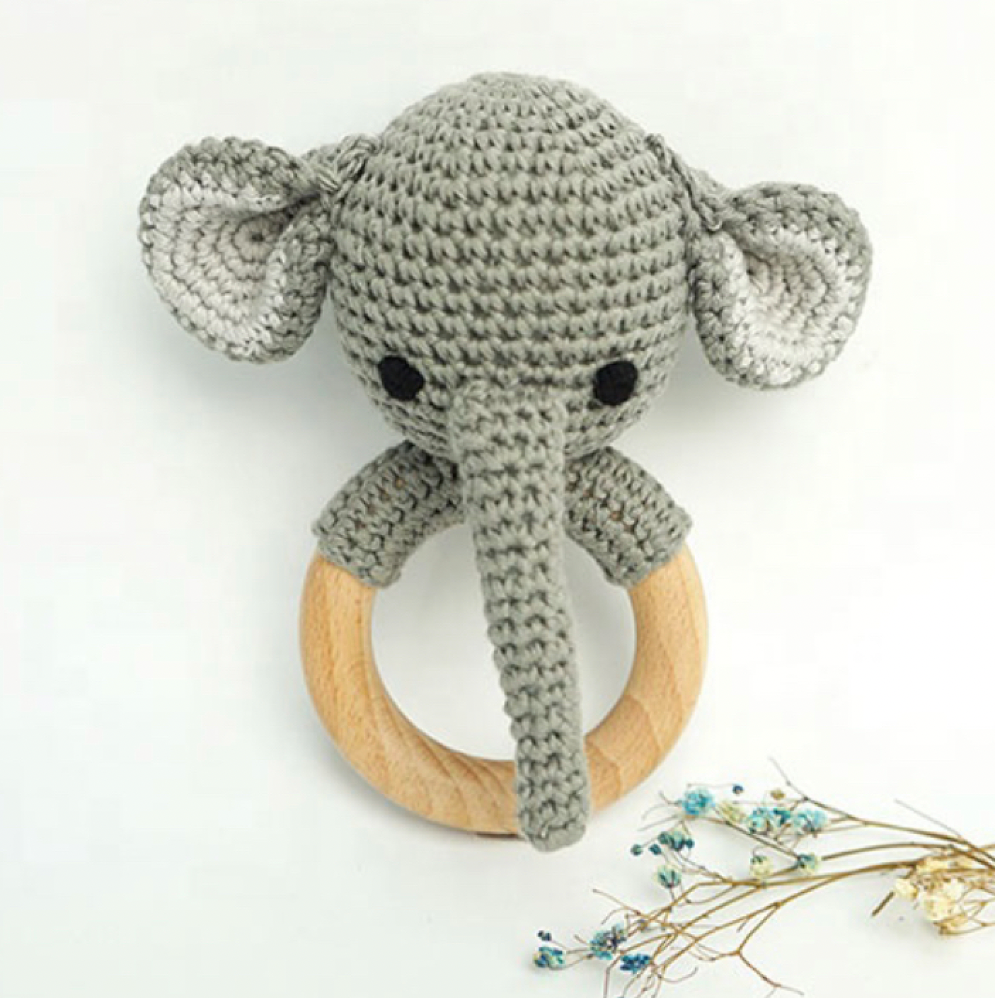 Handmade Organic Cotton Rattle Ring Teether · Elephant Design · Grey Body With Black Features