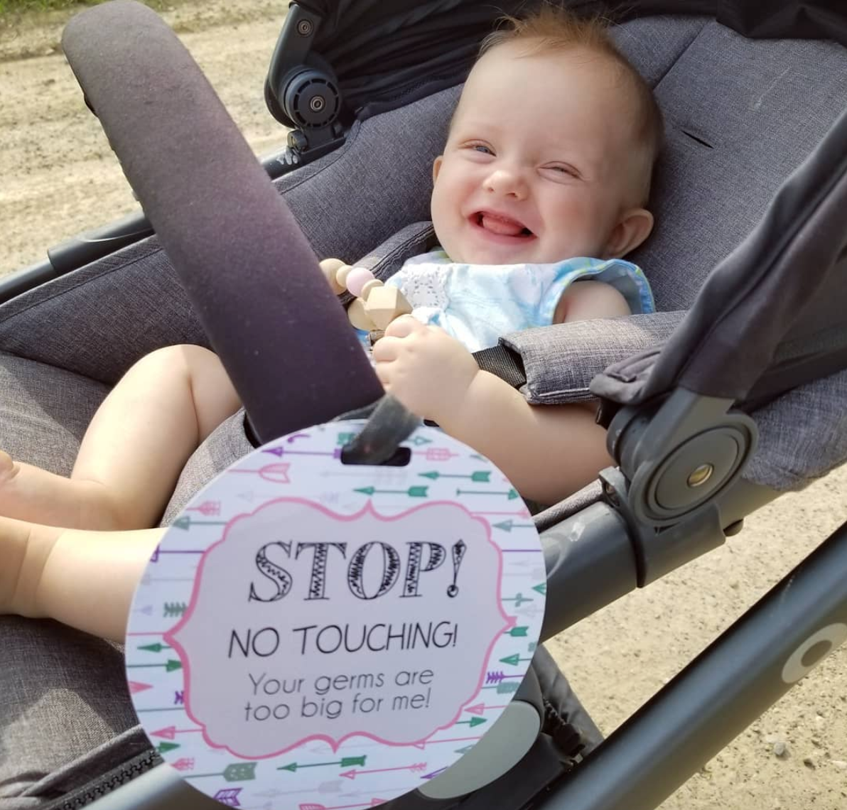 Girl Arrows Stop No Touching Newborn Baby Car Seat Sign Tag