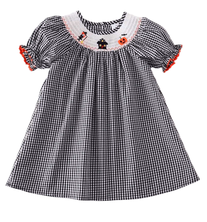 Halloween Smocked Black Checker Dress