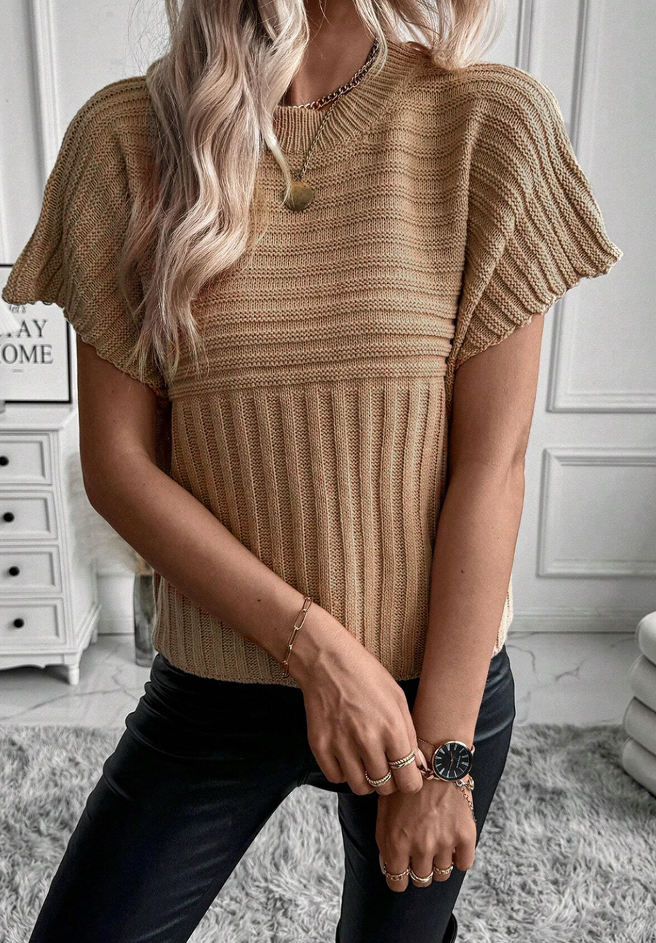 Sr Light French Beige Rib Knitted Wide Sleeve Sweater T Shirt