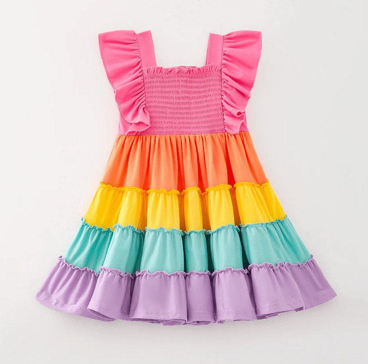 Spring Ruffle Rainbow Smocked Playwear Dress