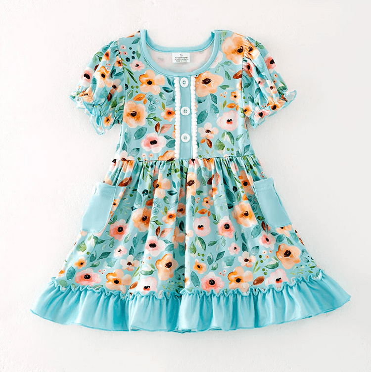 Spring Teal Garden Playwear Dress W/ Hair Bow