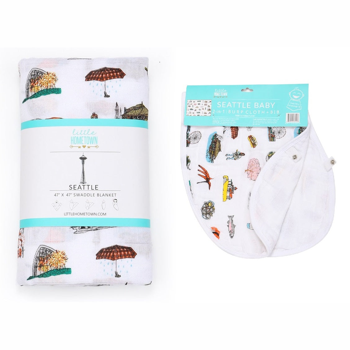 Gift Set: Seattle Baby Muslin Swaddle Blanket And Burp Cloth/bib Combo