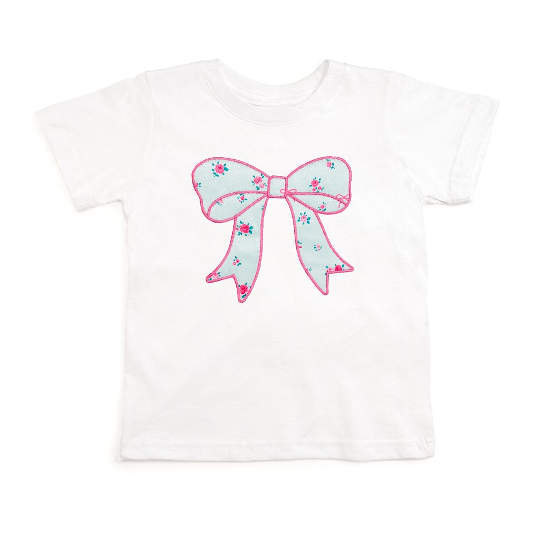 Sky Blue Floral Bow Patch Short Sleeve T-shirt