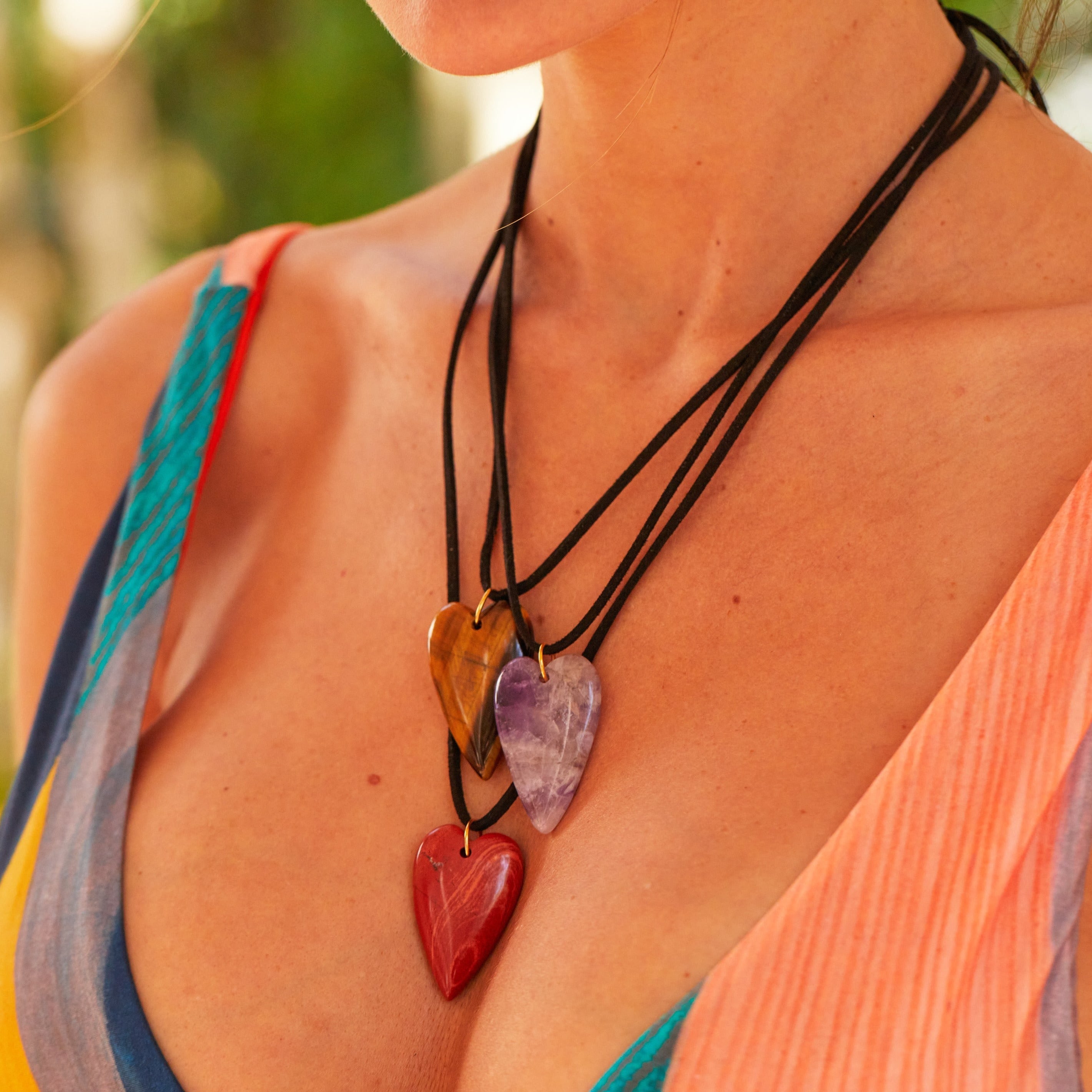 Gemstone Heart Leather Necklace