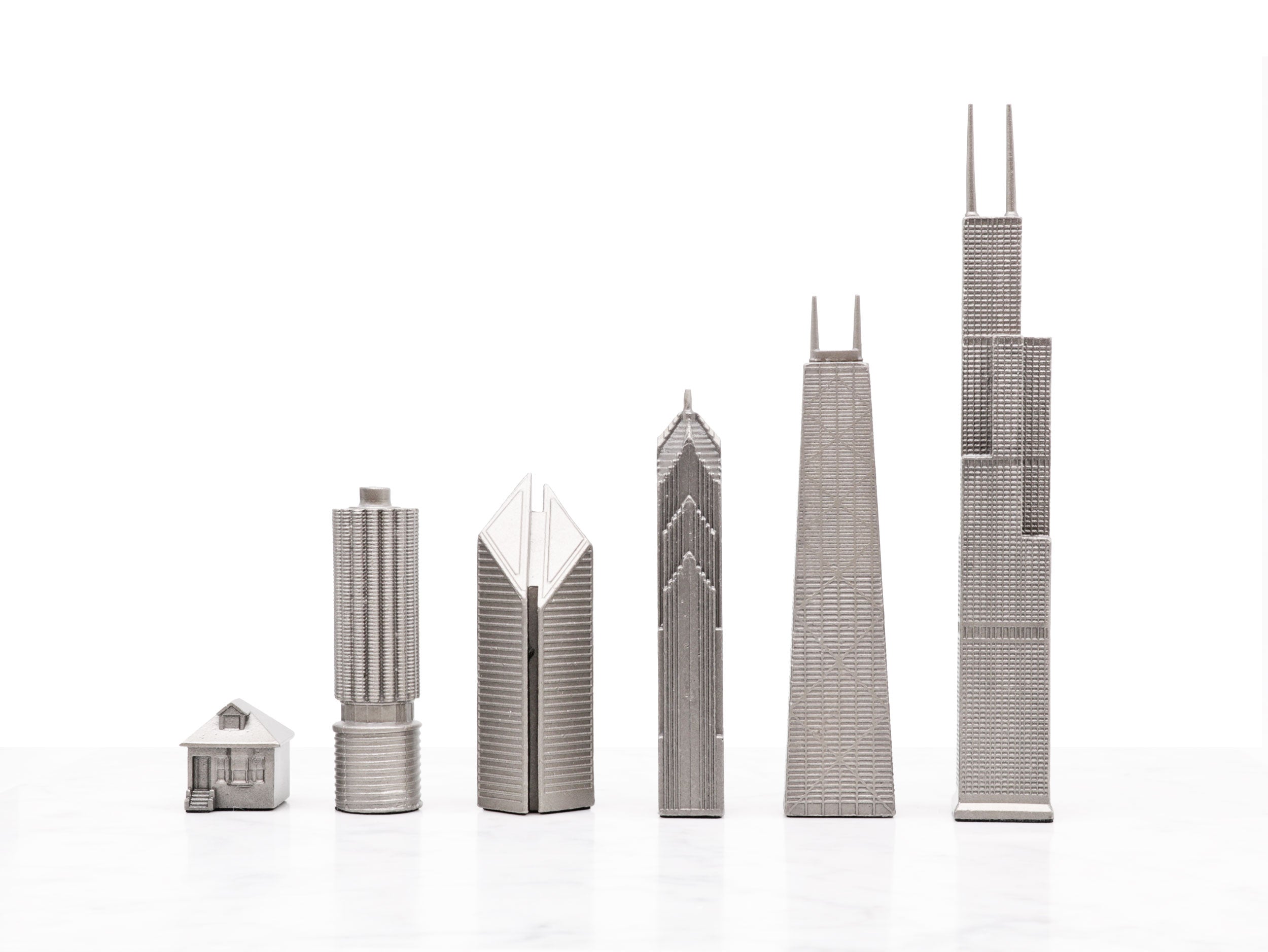 Skyline Chess Chess Set Stainless Steel Chicago Edition With Marble Hatch Board
