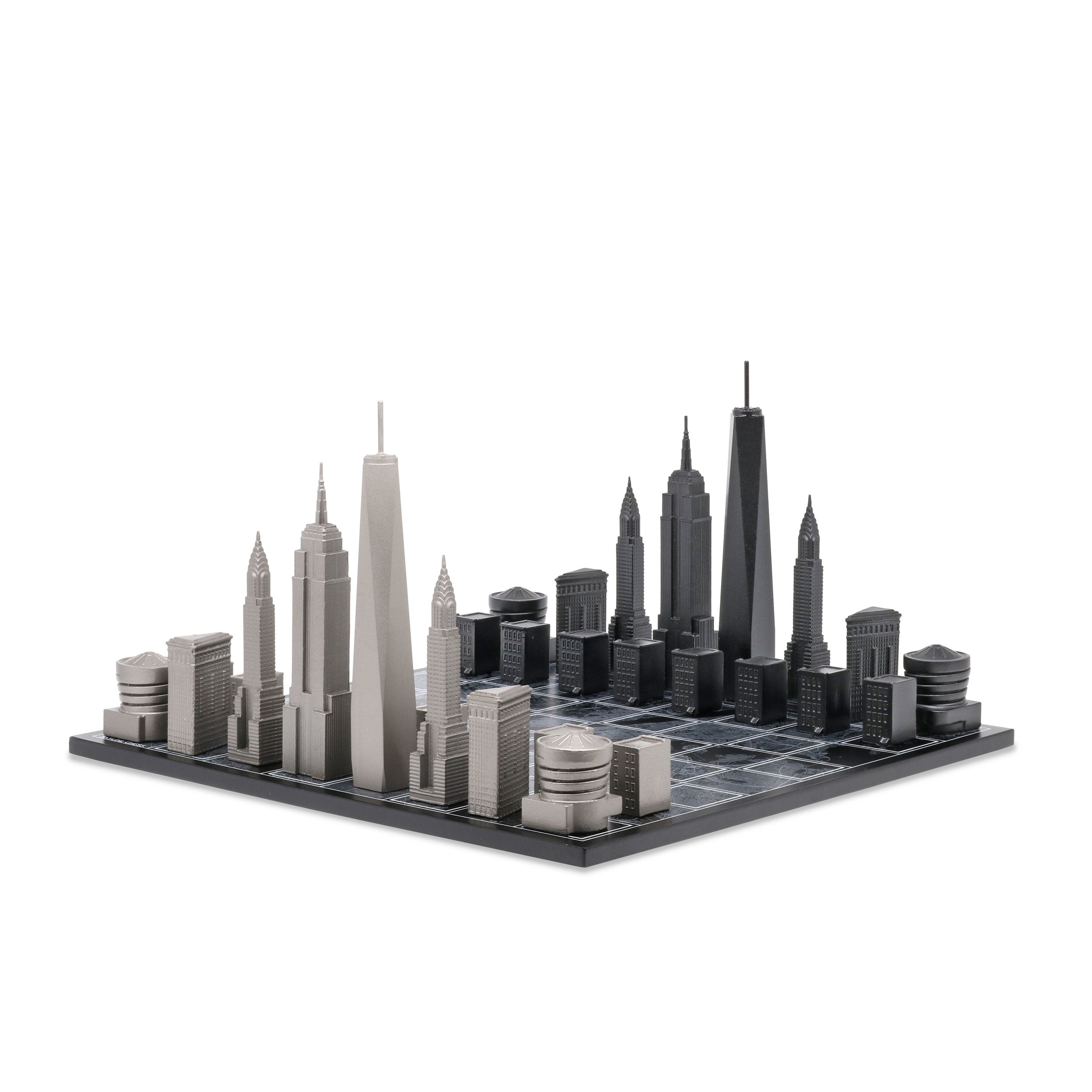 Skyline Chess Chess Set Stainless Steel New York Edition With Wood Map Board