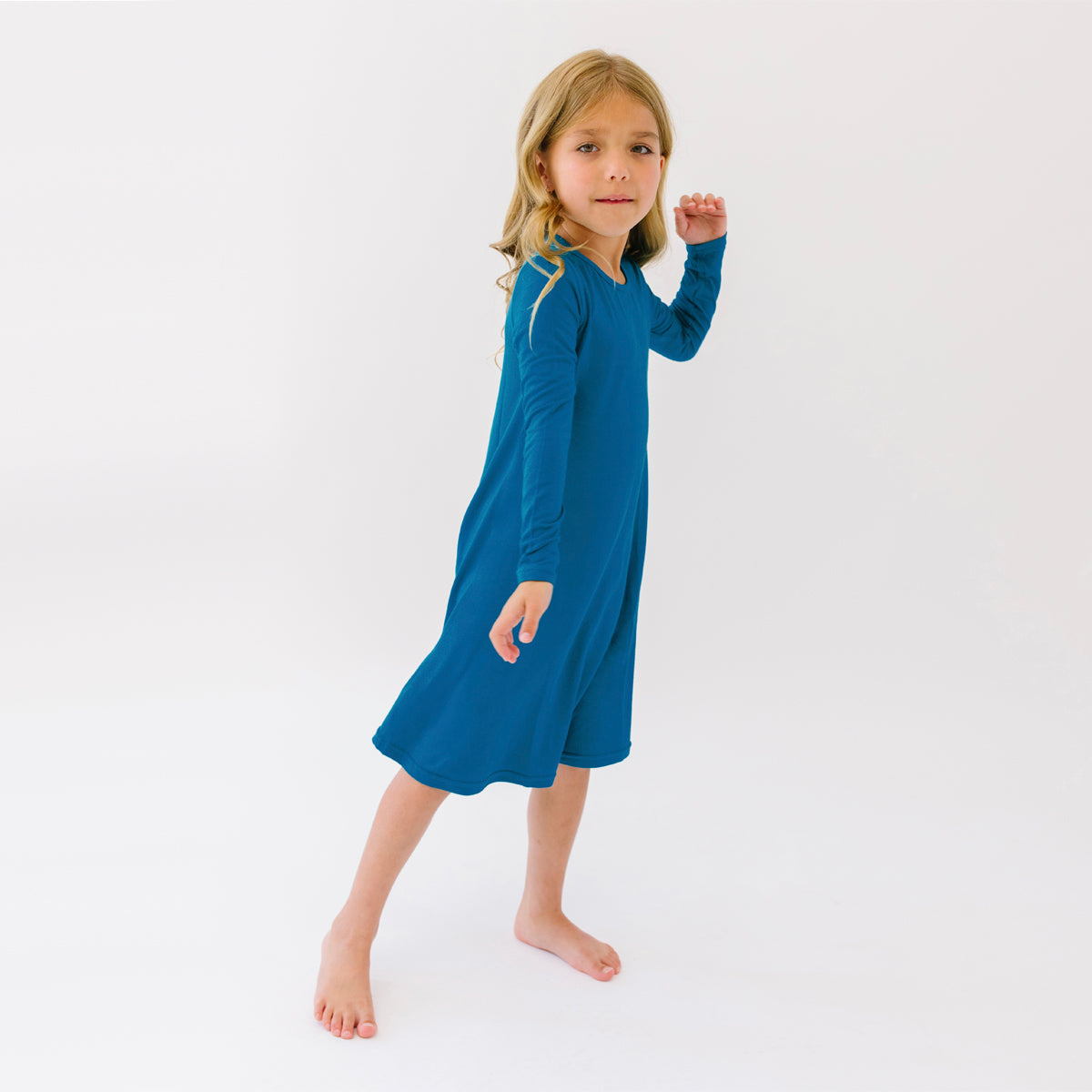 Teal Blue Bamboo Girls' Long Sleeve Dress