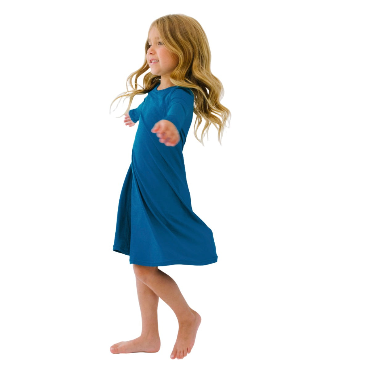 Teal Blue Bamboo Girls' Long Sleeve Dress