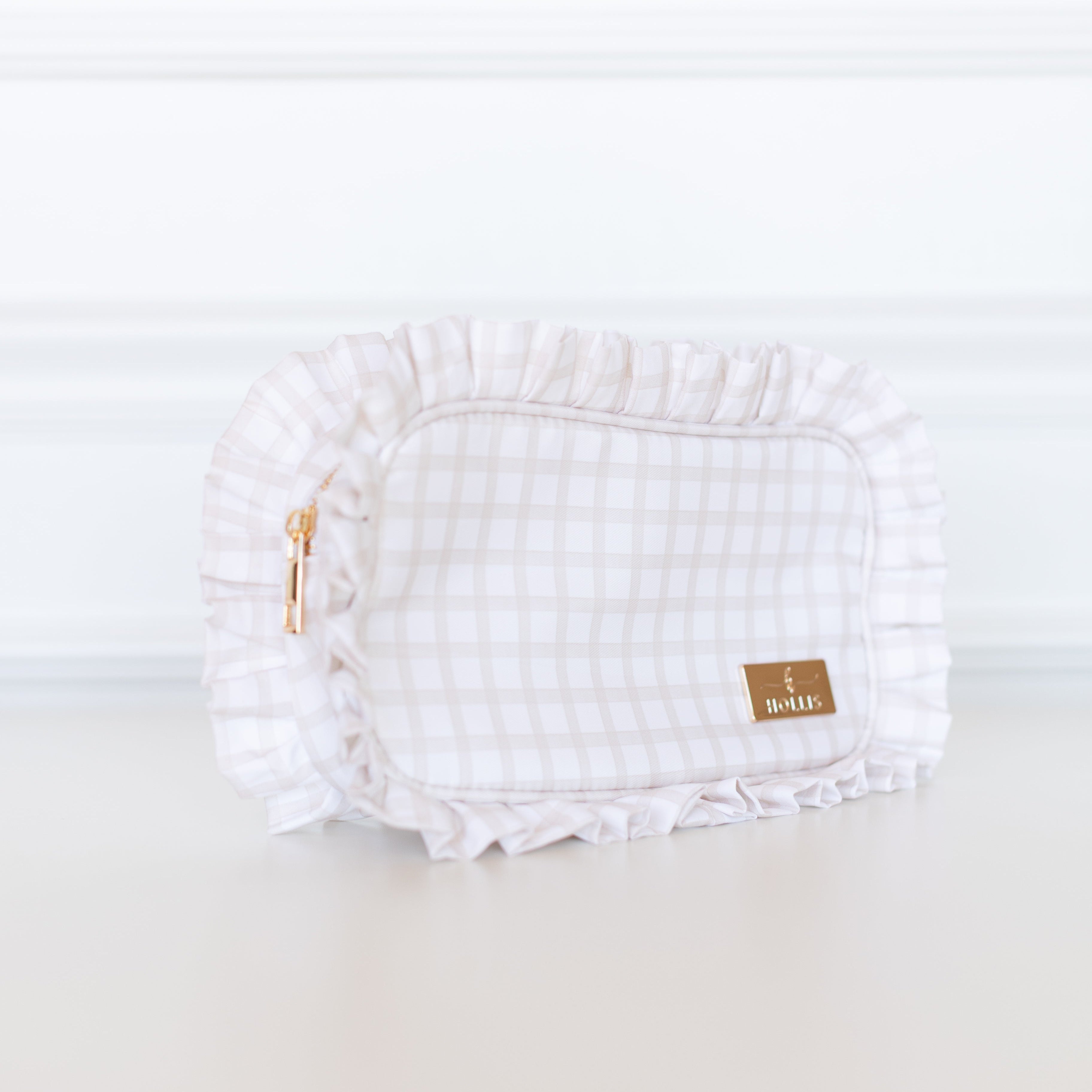 Nude Plaid Ruffled Nylon Medium Pouch