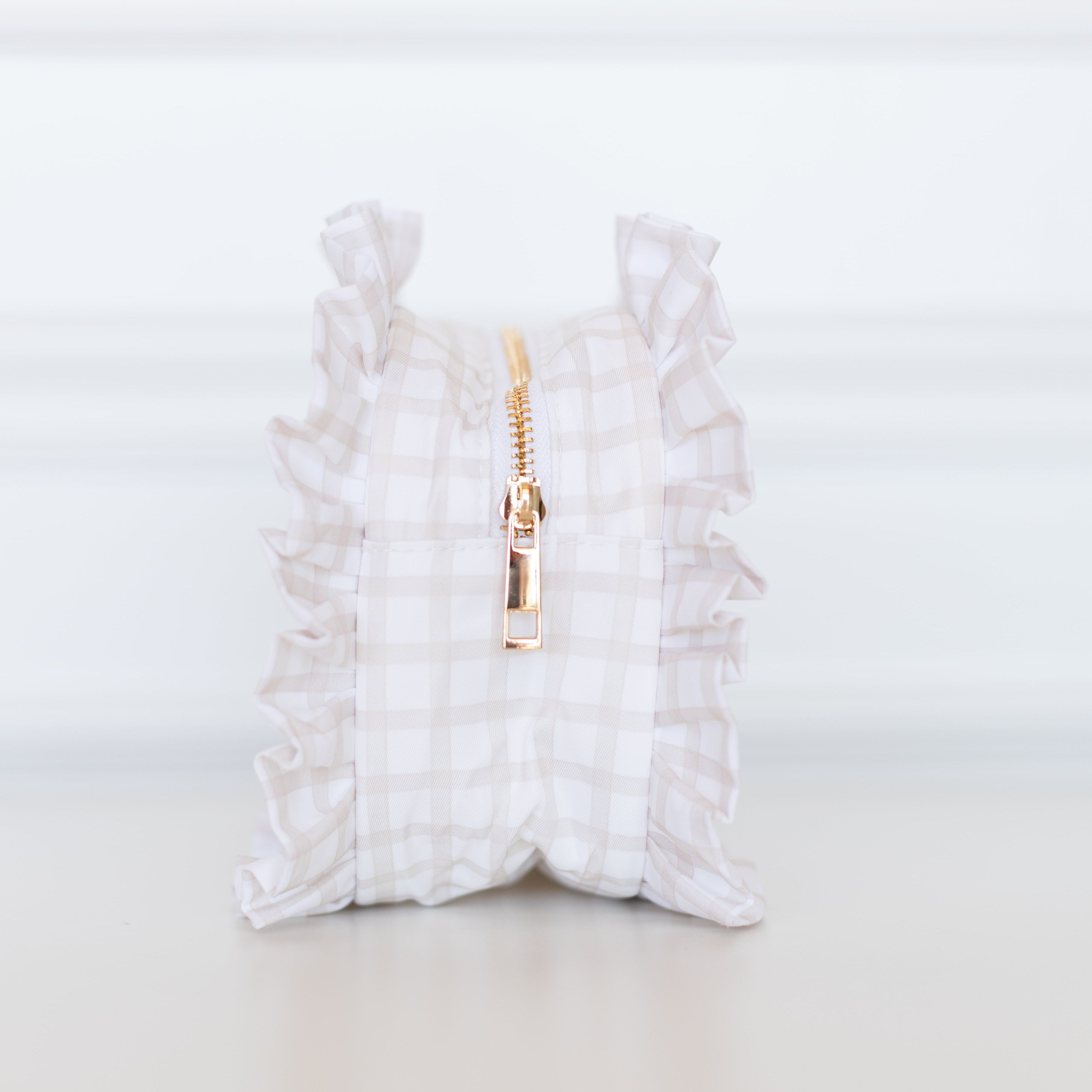 Nude Plaid Ruffled Nylon Large Clear Pouch