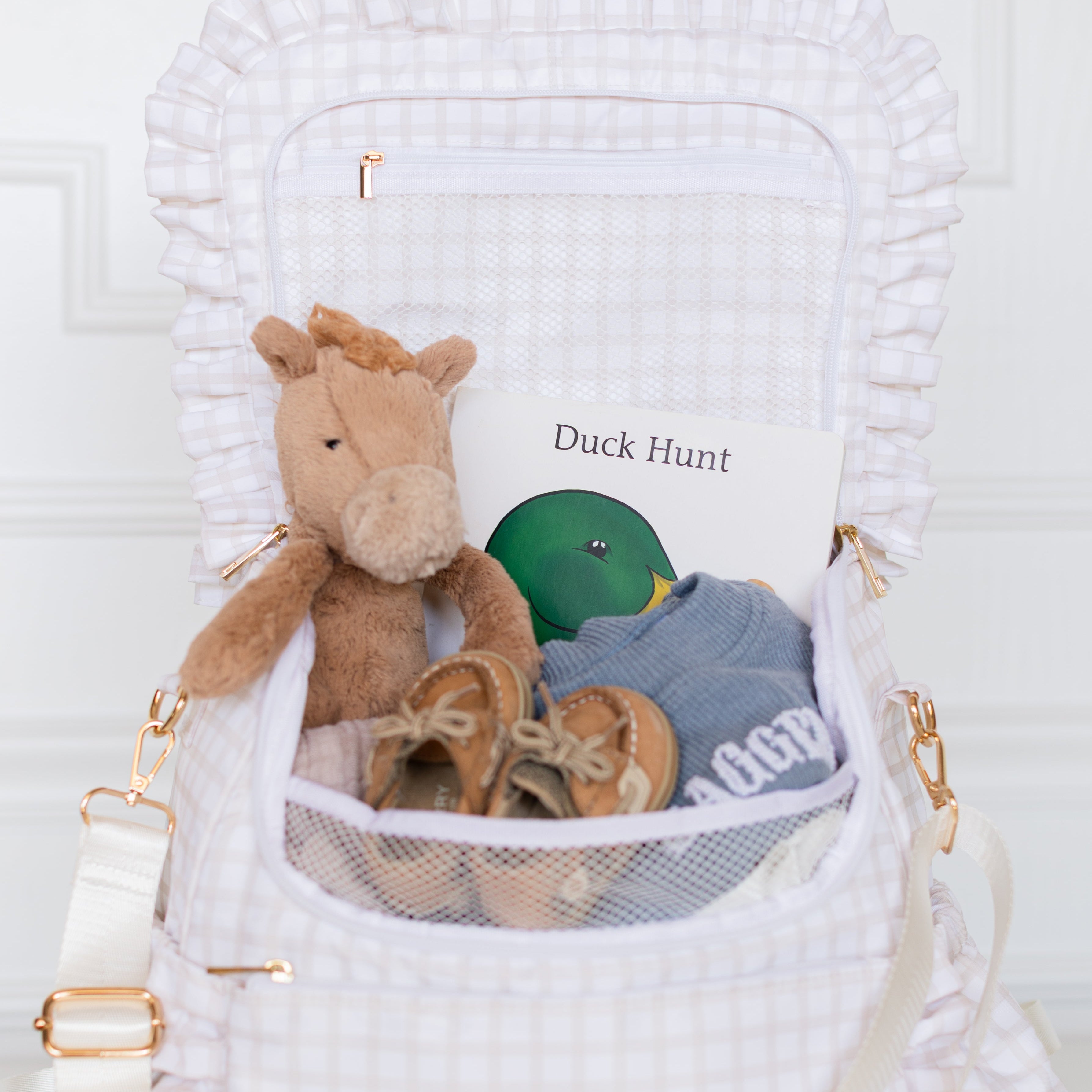 Nude Plaid Ruffled Nylon Diaper Bag