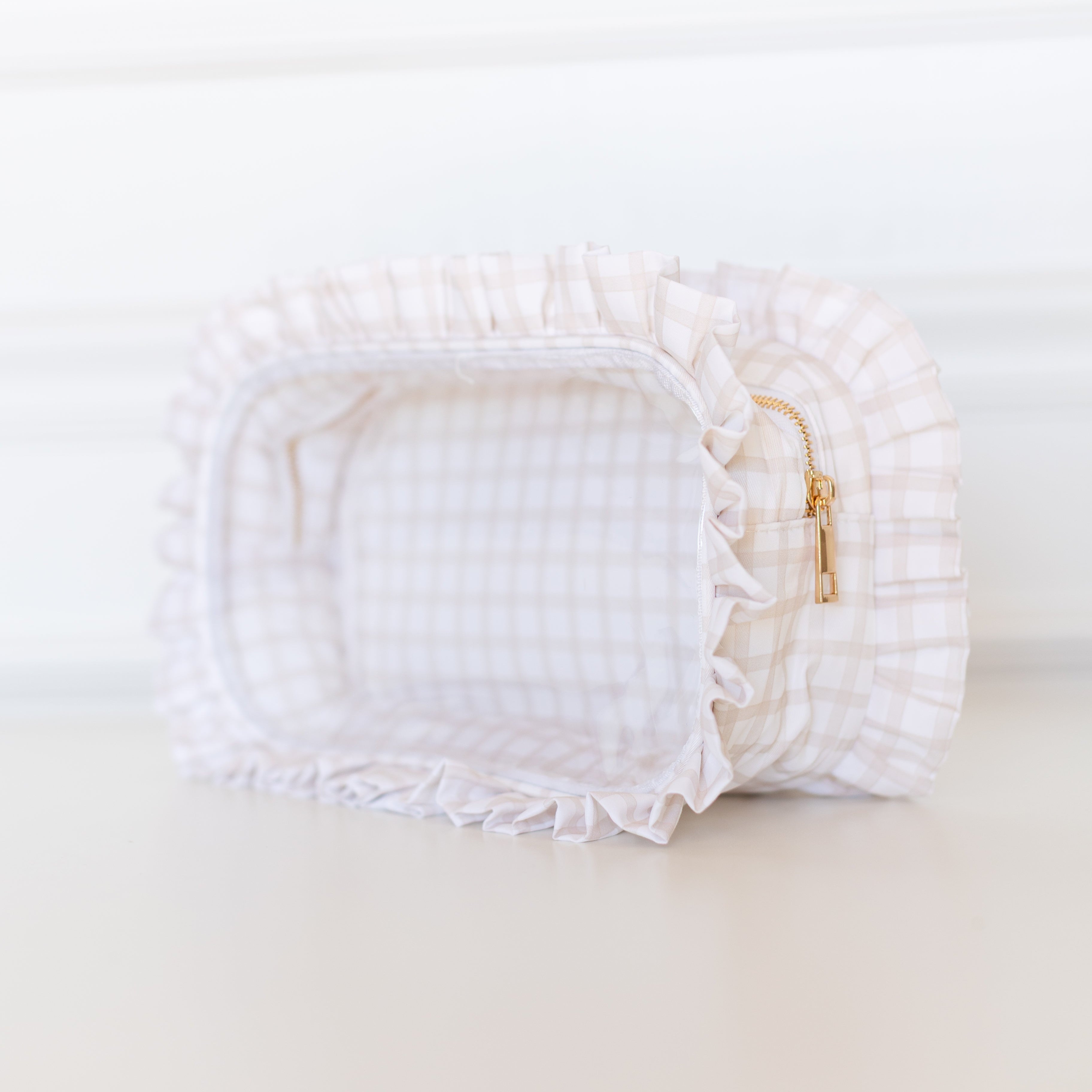Nude Plaid Ruffled Nylon Large Clear Pouch