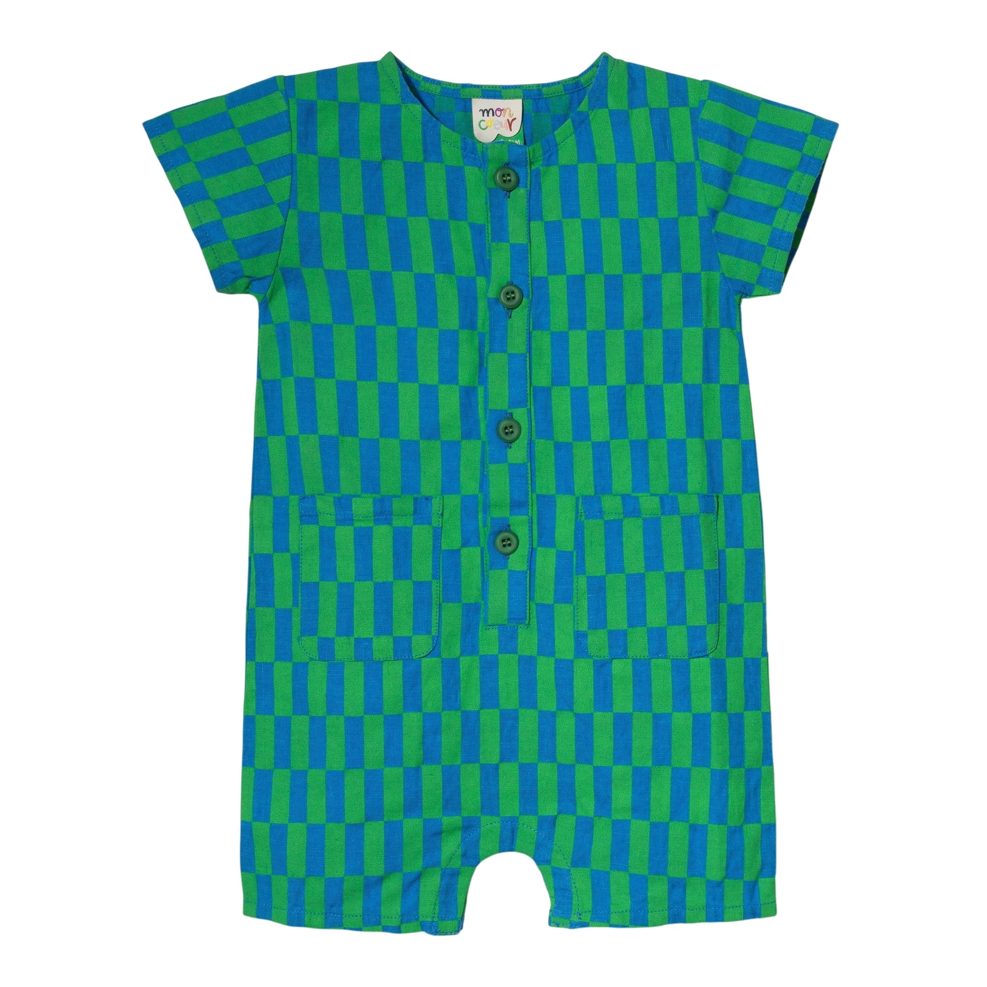 Linen Checkered Pocket Baby Romper
