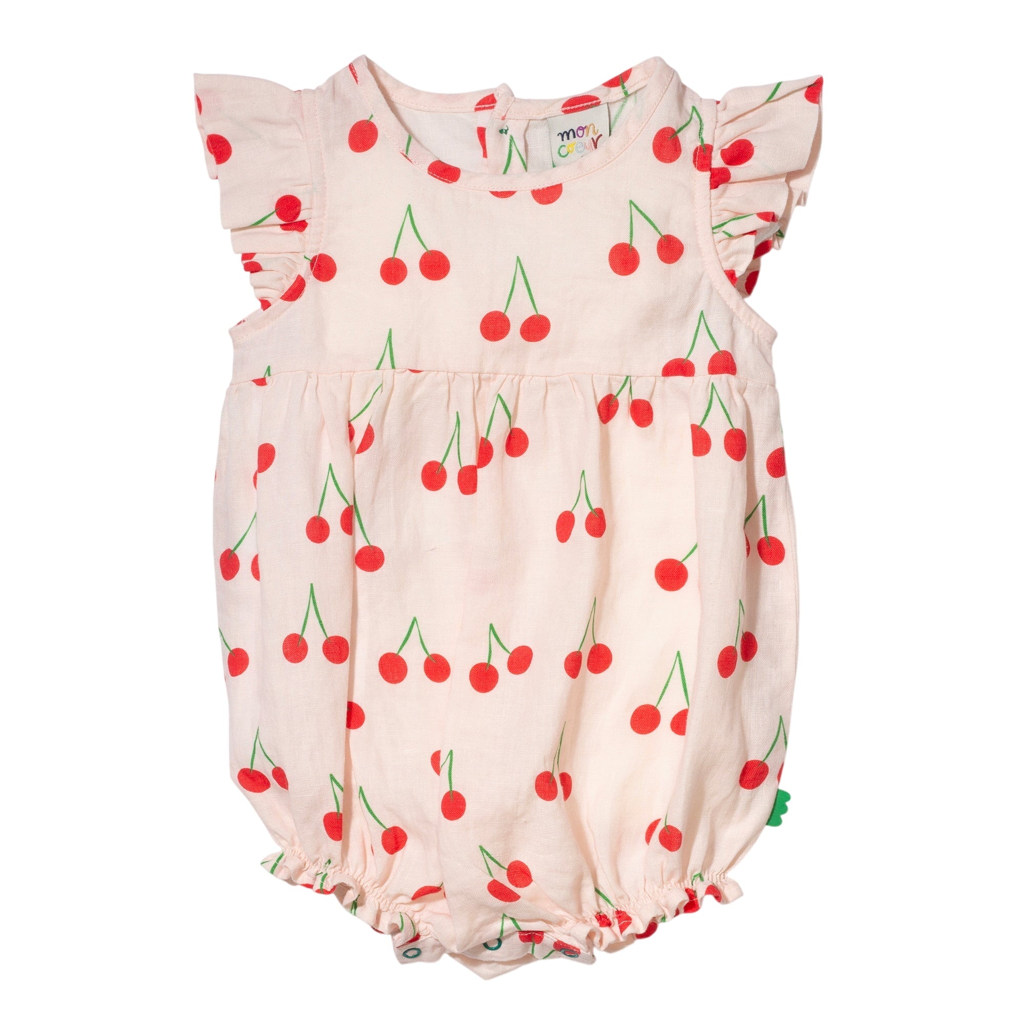 Linen Cherry Ruffle Baby Romper