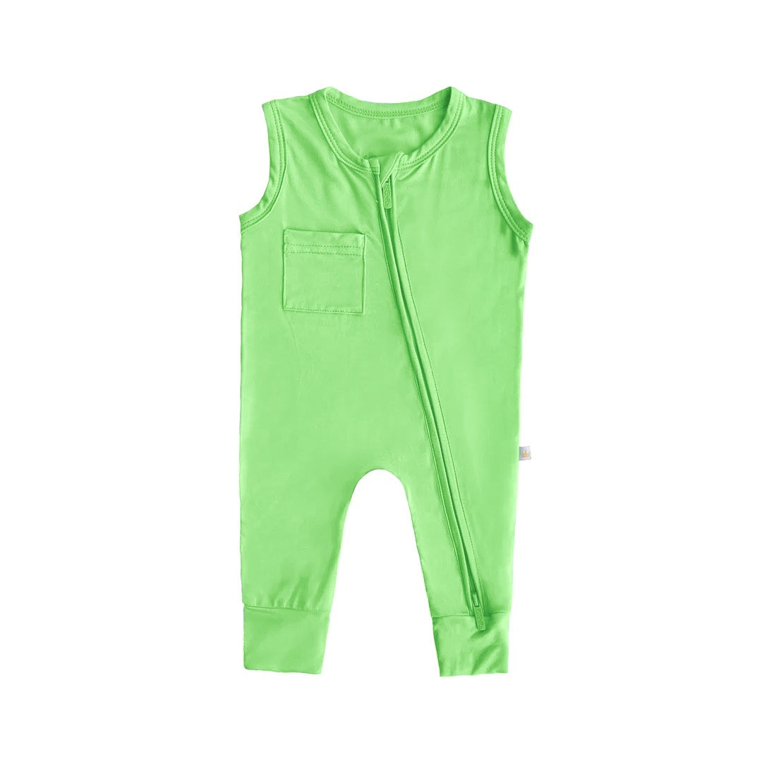 Summer Bamboo Sleeveless Footless Zipper Romper In Lime