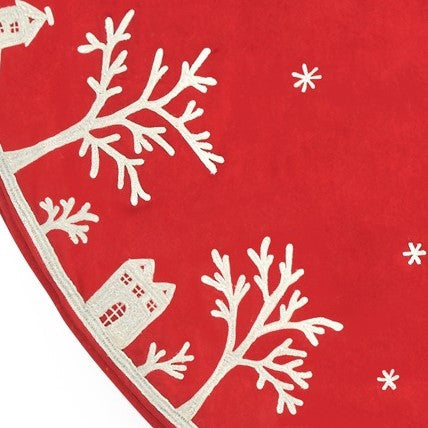 Handmade Christmas Tree Skirt In Cotton - Village Scene On Red - 60"