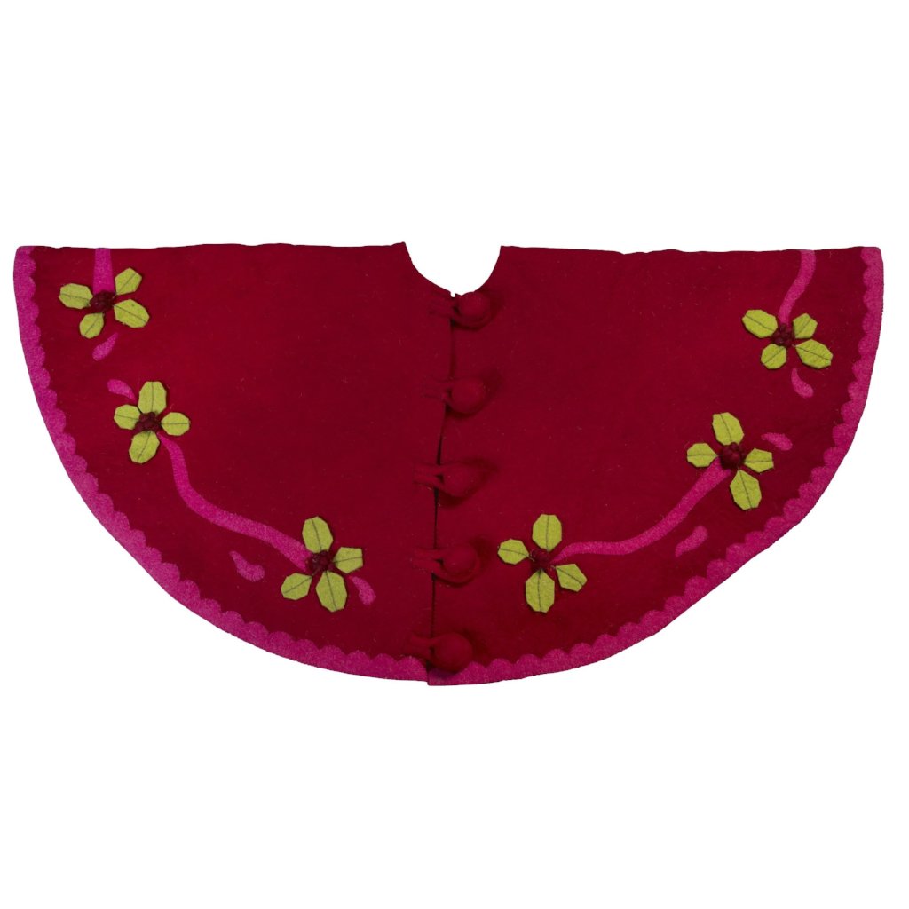 Handmade Christmas Tree Skirt In Felt - Berries On Red - 60"