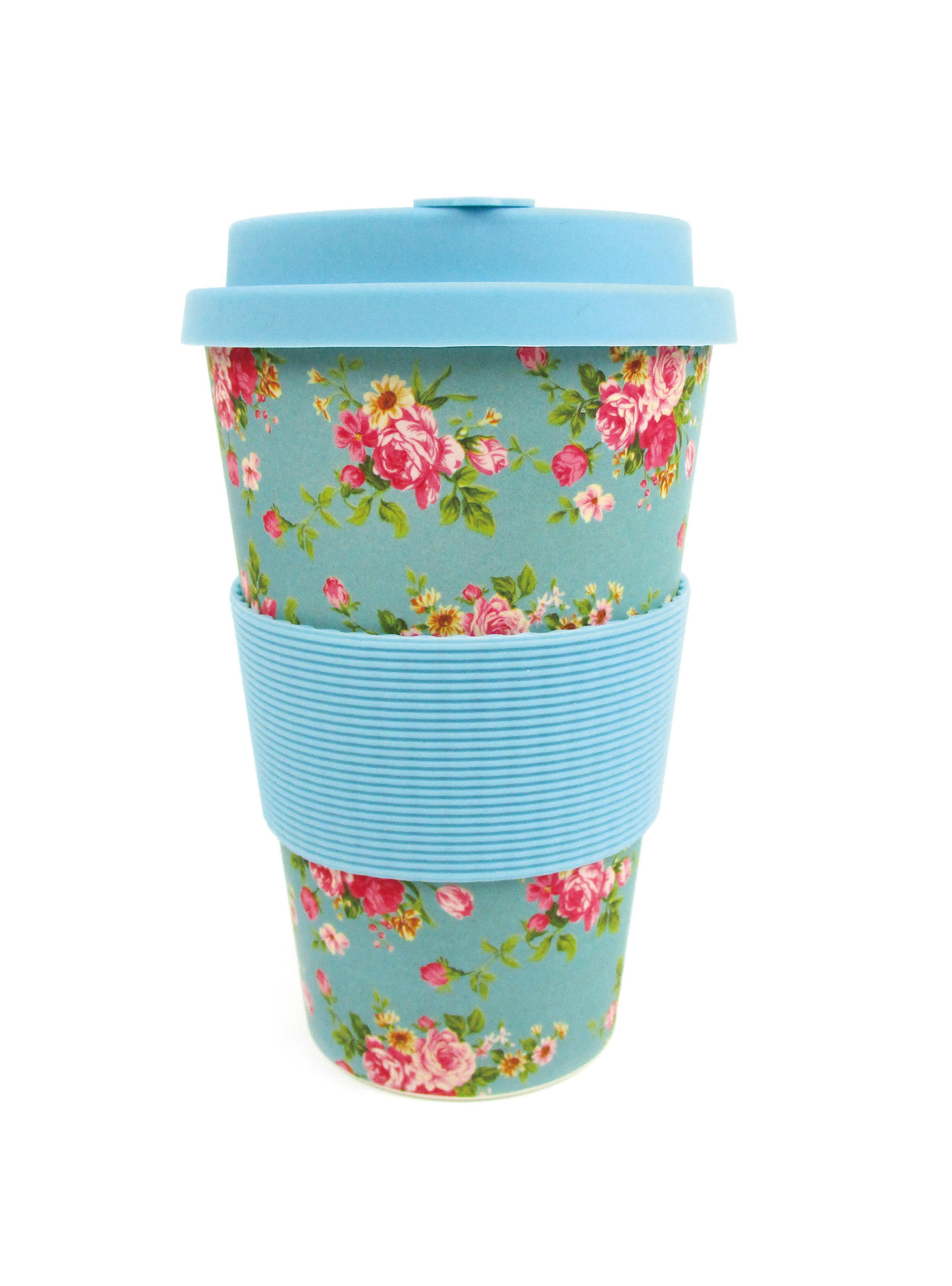 Eco-friendly Reusable Plant Fiber Travel Mug With Blue Floral Design