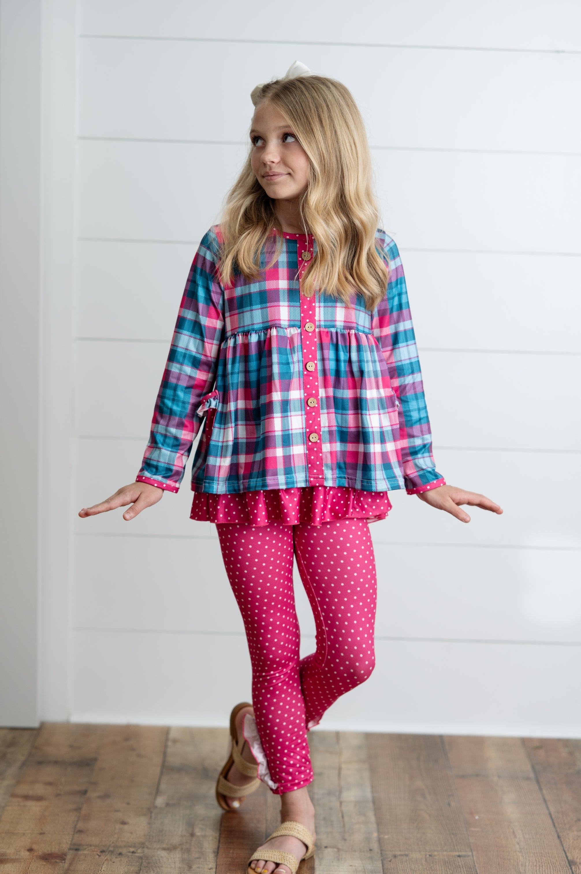 Teal Pink Plaid Pant Set