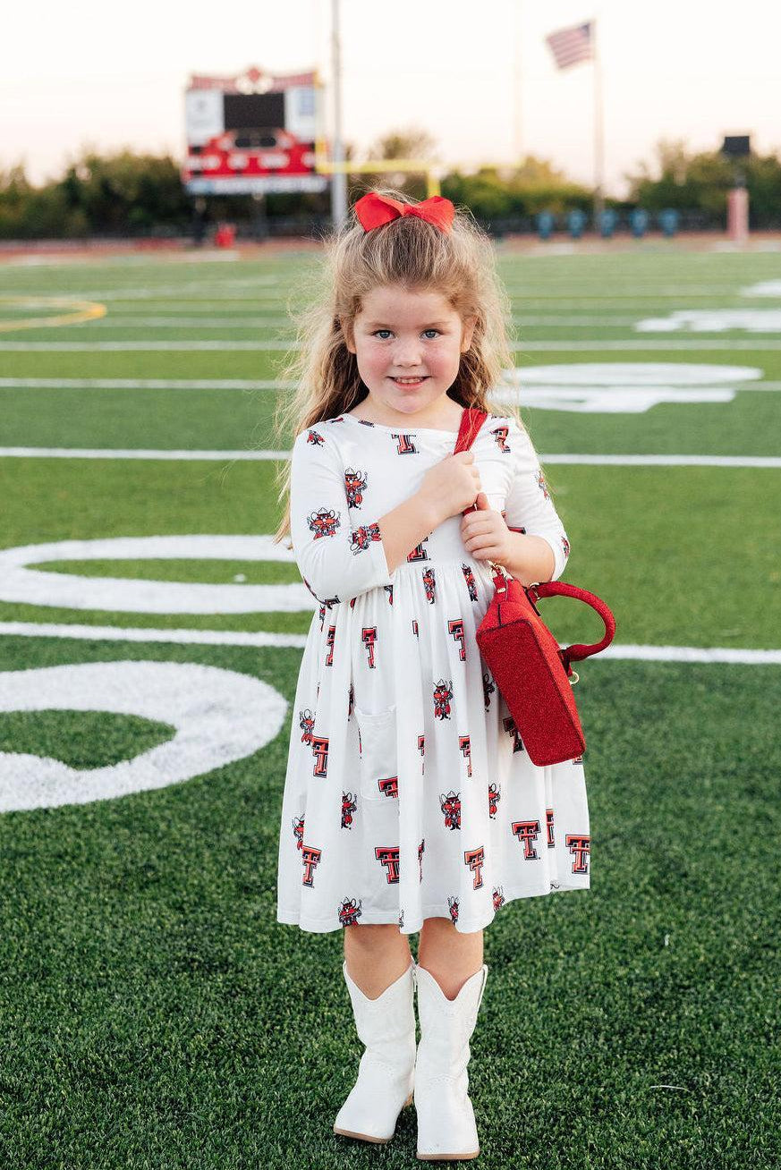 Texas Tech White Raider Red 3/4 Sleeve Pocket Twirl Dress