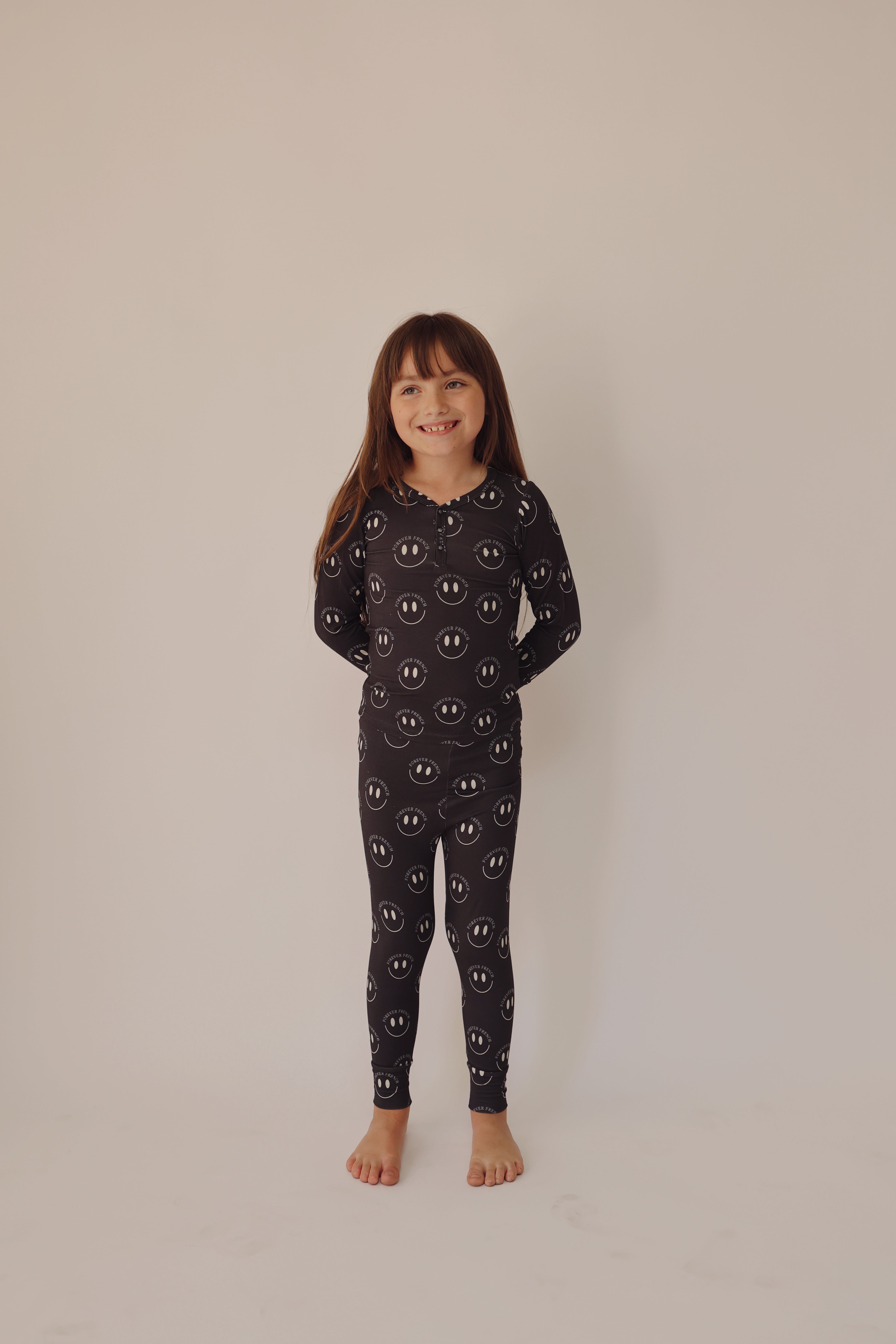 Bamboo Two Piece Pajamas | Charcoal & White Ff Smile