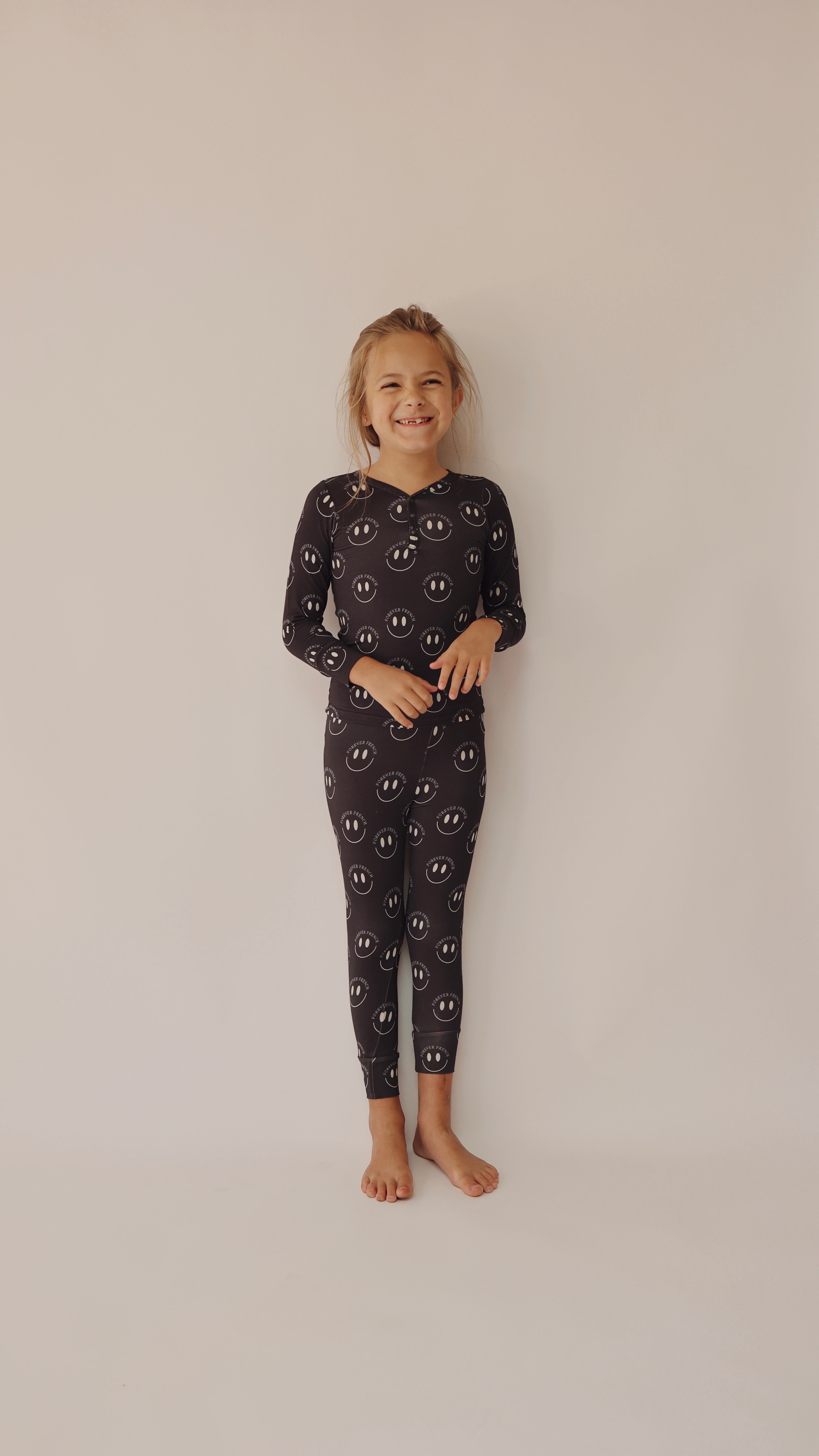 Bamboo Two Piece Pajamas | Charcoal & White Ff Smile