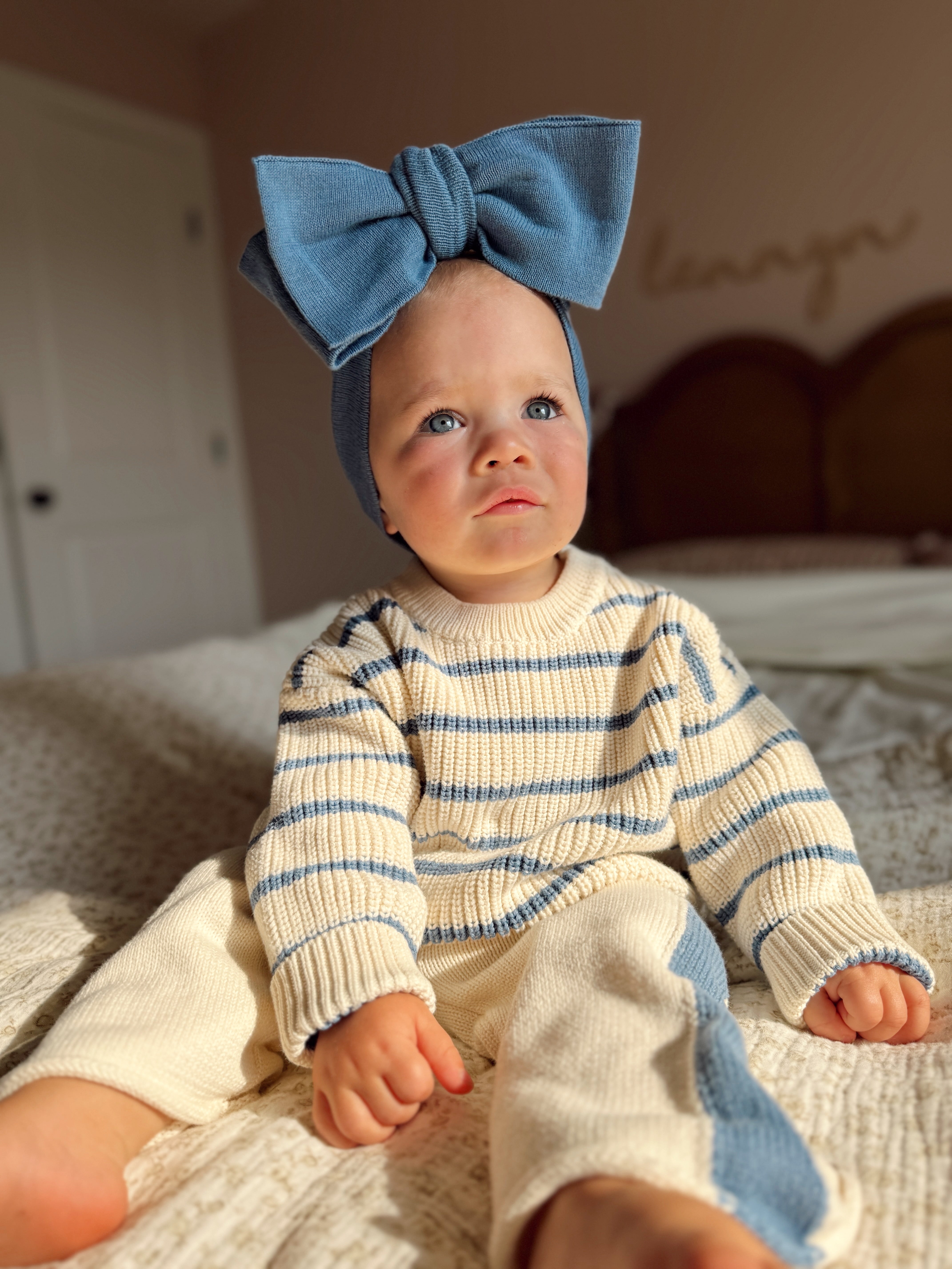 Knit Striped Pants - Cream & Denim Blue